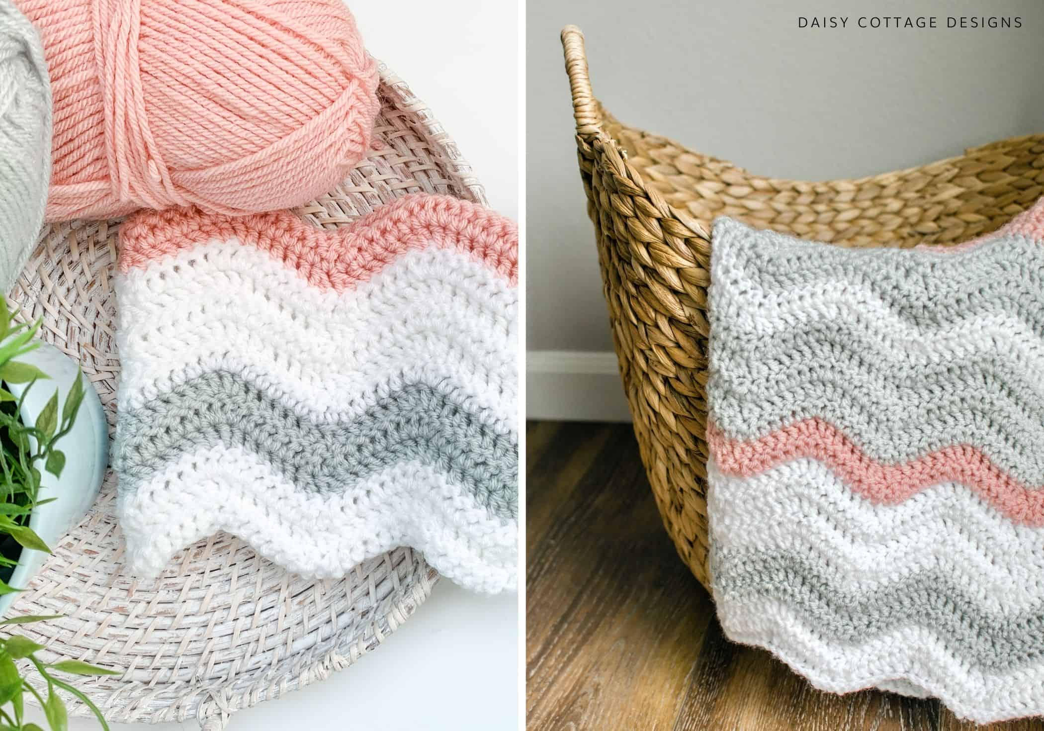 Pink, white, and gray crochet blanket