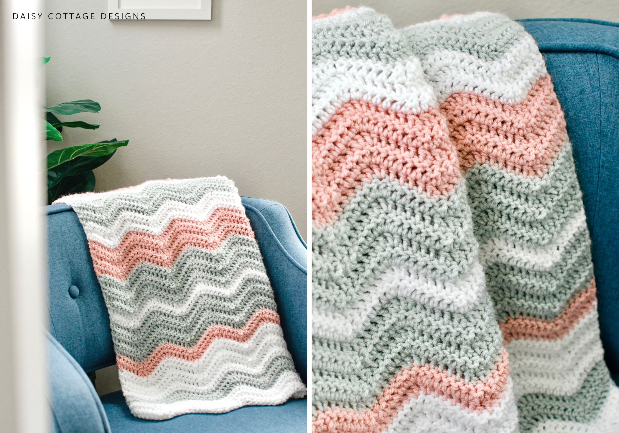 Crochet ripple blanket over a chair