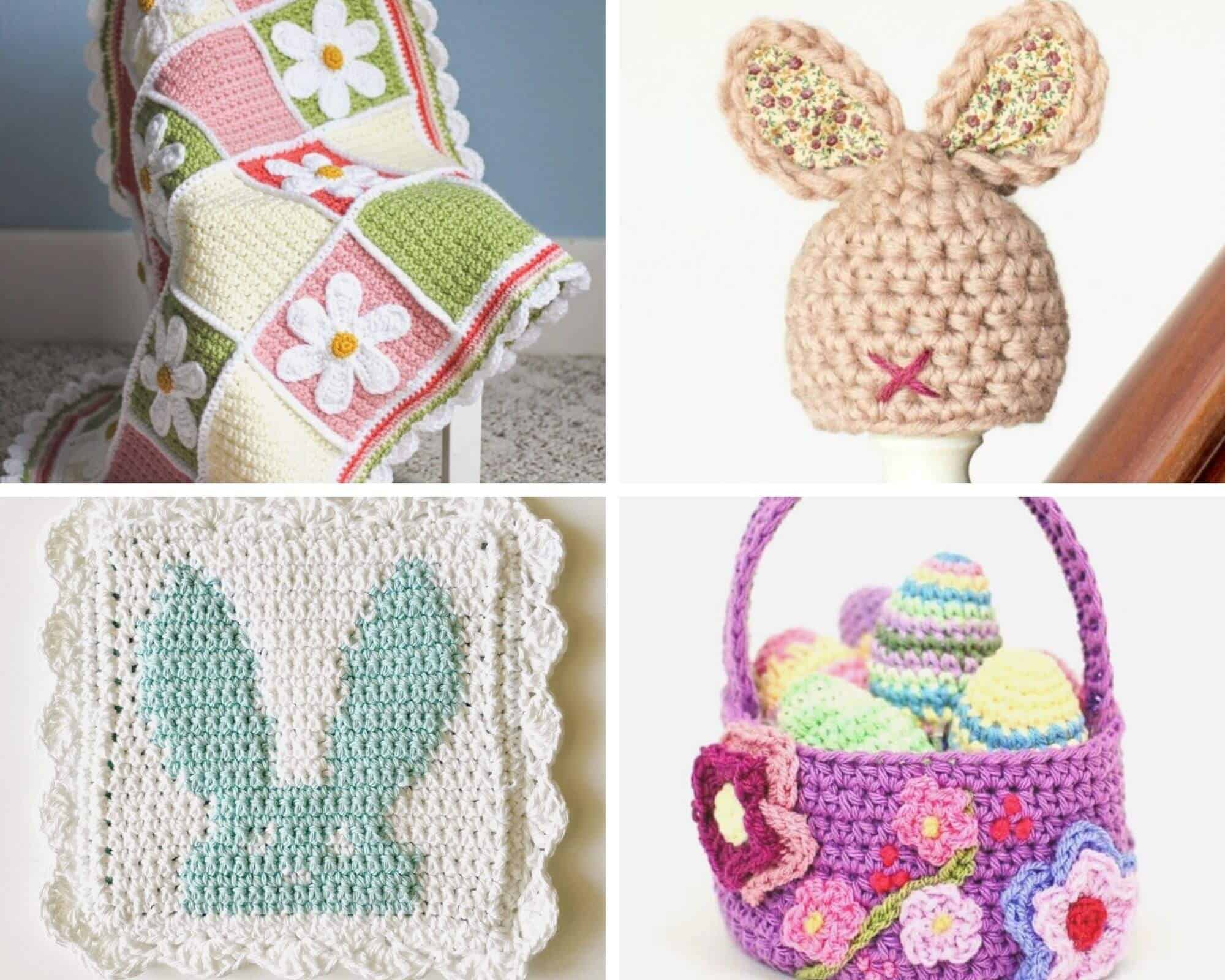 Crochet blankets, hats, and baskets. 