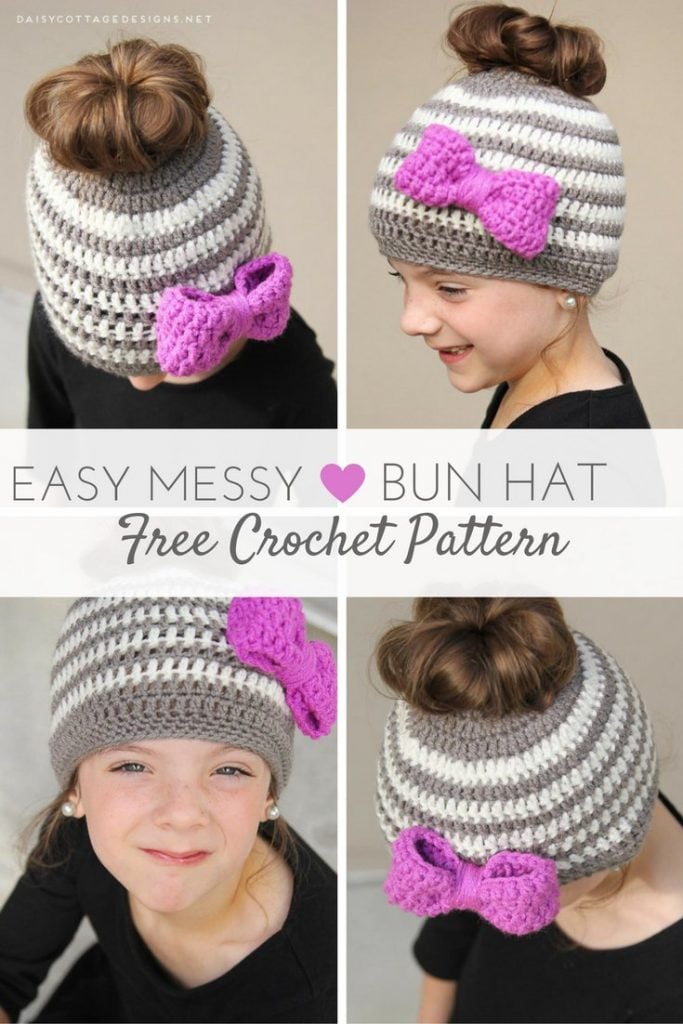 Learn how to make this adorable kids messy bun hat crochet pattern from Daisy Cottage Designs! It's quick and easy, and will be sure to put a smile on any little girl's face! 