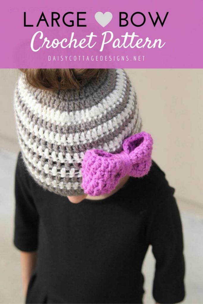 Learn how to make this large bow crochet pattern. It's so quick and easy! Use it to make the perfect embellishment for any hat or headband!