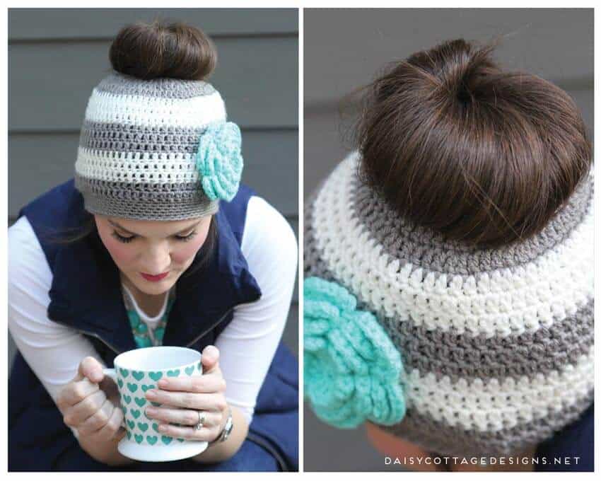 Crochet hat with store hole for bun