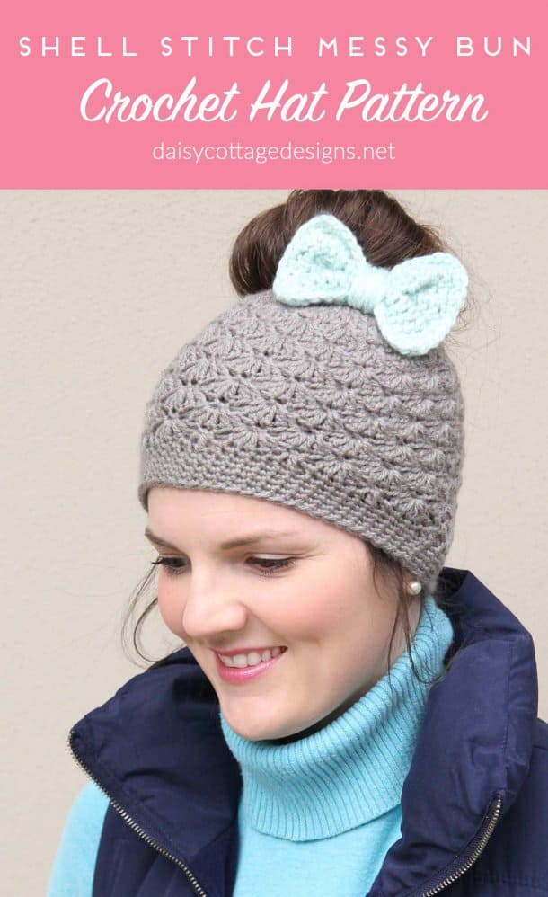 Shell Stitch Messy Bun Crochet Hat Pattern - Daisy Cottage Designs