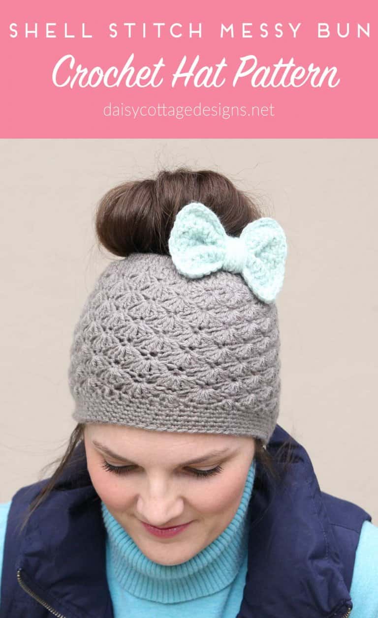 Shell Stitch Messy Bun Crochet Hat Pattern - Daisy Cottage Designs