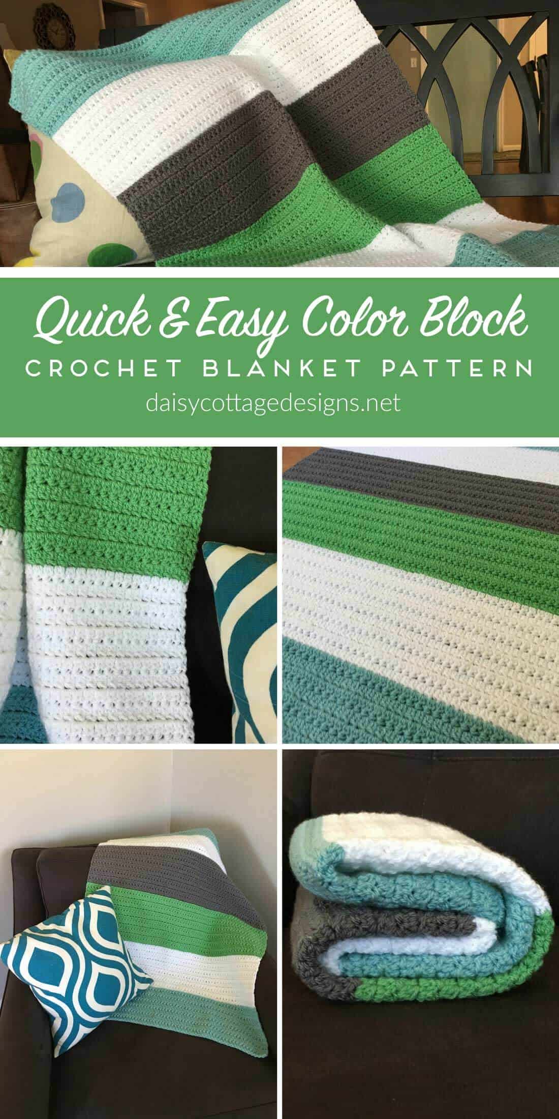 Crochet Blanket Pattern | Crochet Baby Blanket | Free Crochet Pattern | Color Block Crochet Blanket | Use this quick and easy crochet blanket pattern from Daisy Cottage Designs to create a gorgeous color block blanket for your next project.
