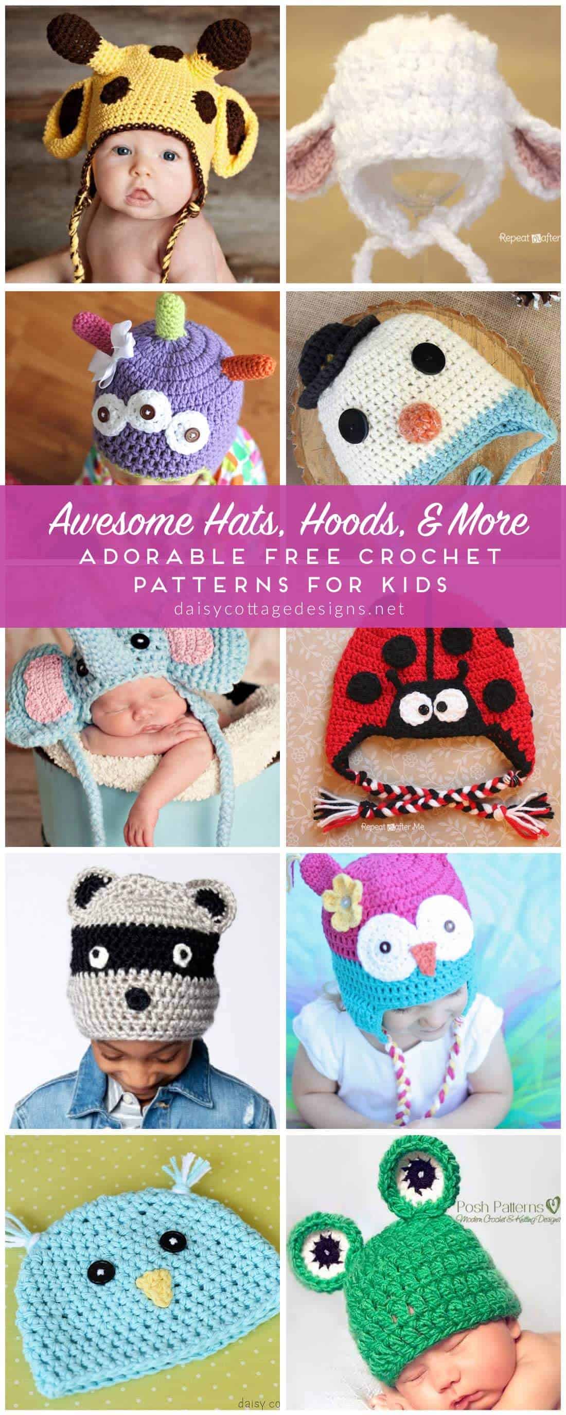 Crochet Hat Patterns | Crochet Hood Patterns | Crochet Kids Hats Patterns | Free Crochet Patterns | Use these free crochet patterns to whip up adorable hats for the kids in your life! Compiled by Daisy Cottage Designs, there's something every little person in your life will love. 