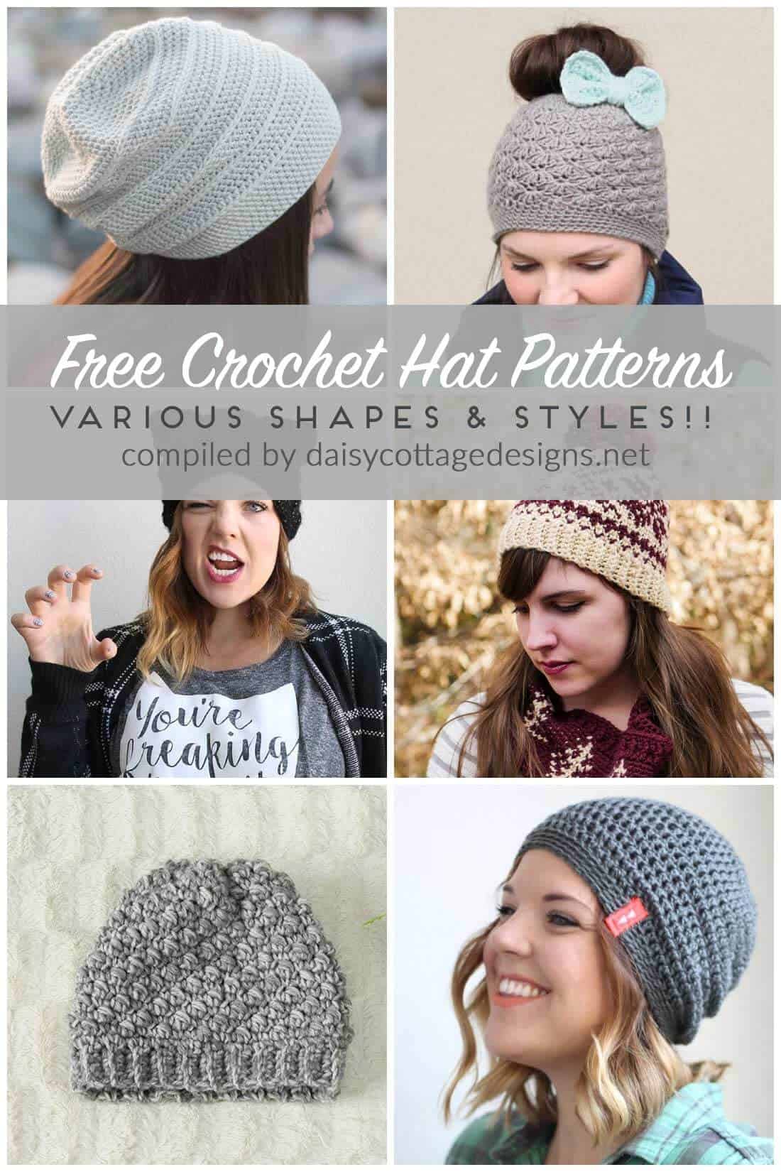 free crochet hat patterns | free crochet patterns | crochet patterns | Use these free crochet patterns to make adorable crochet hats for all the women in your life. From crochet slouchy hat patterns to crochet messy bun patterns, there are hat patterns of all shapes and designs in this collection on Daisy Cottage Designs. 