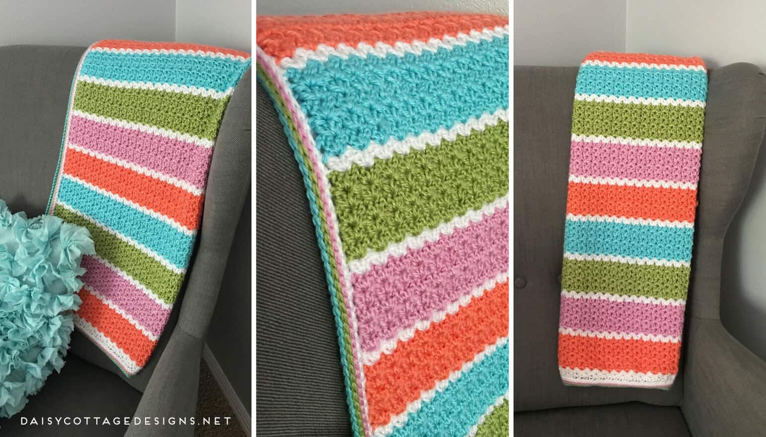 If you're looking for a free crochet blanket pattern that works up quickly, this easy v-stitch blanket from Daisy Cottage Designs is the way to go! | free crochet pattern, easy crochet blanket pattern, striped baby blanket pattern