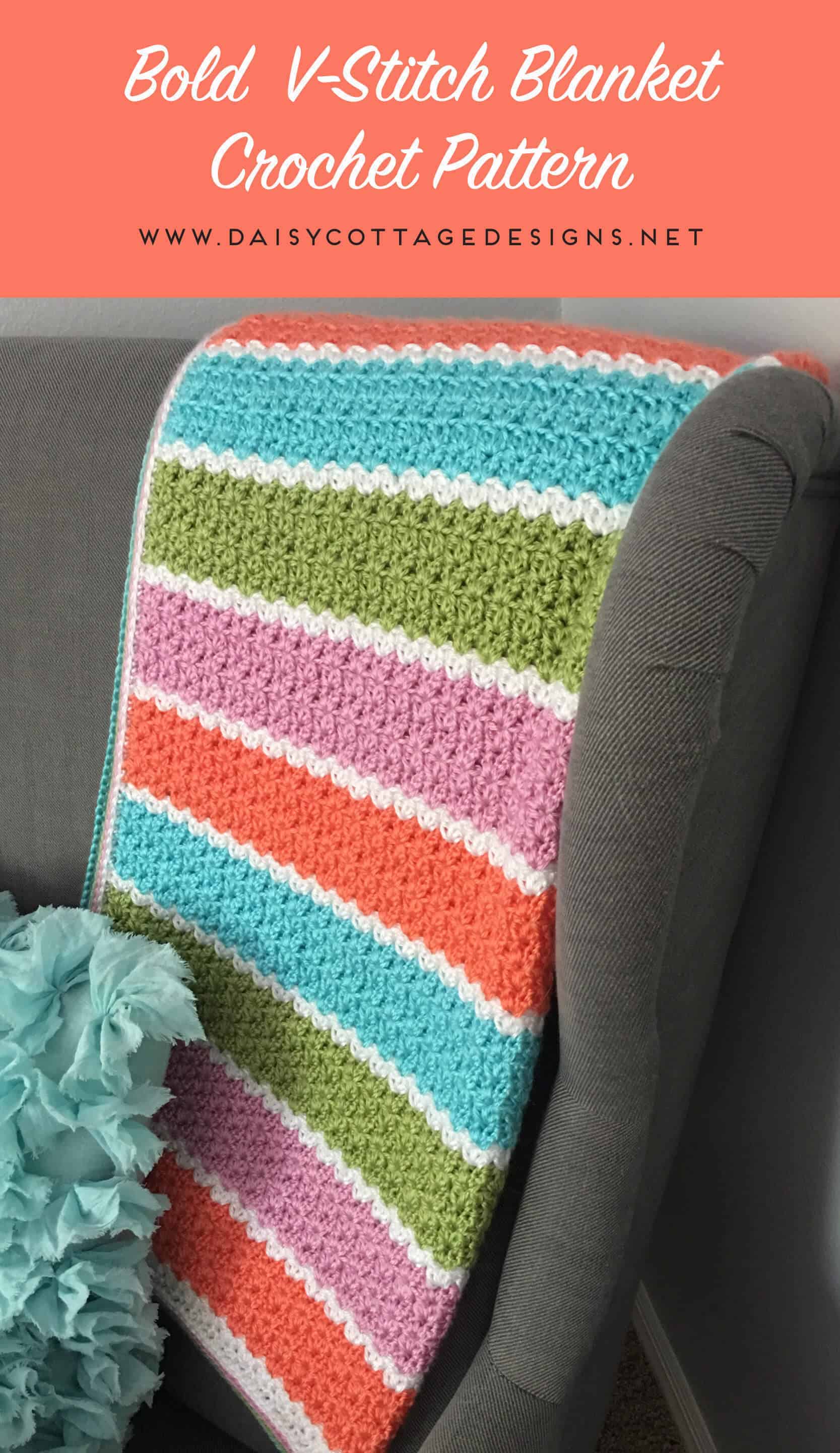 If you're looking for a free crochet blanket pattern that works up quickly, this easy v-stitch blanket from Daisy Cottage Designs is the way to go! | free crochet pattern, easy crochet blanket pattern, striped baby blanket pattern