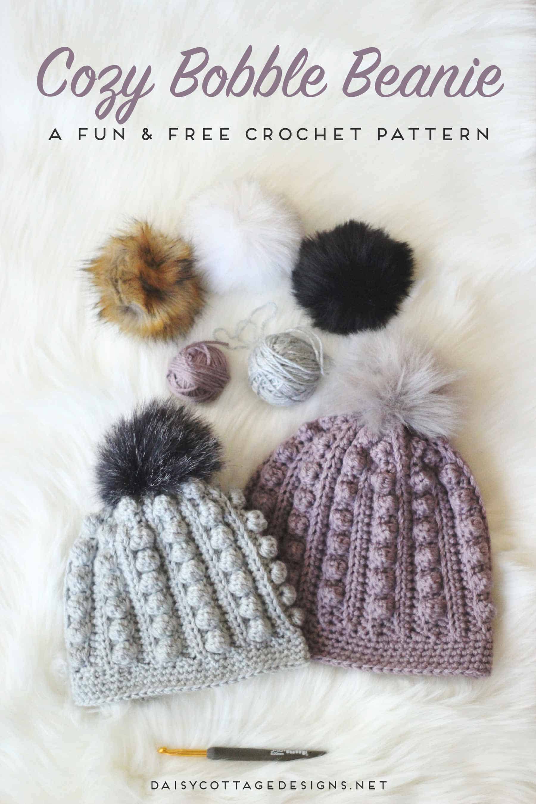 Use this free bobble beanie crochet pattern to create an adorable crochet hat for anyone on your gift list. Cozy and warm, it's the perfect winter hat. | bobble toboggan, Daisy Cottage Designs, free crochet pattern, free hat crochet pattern, crochet hat pattern free, bobble beanie