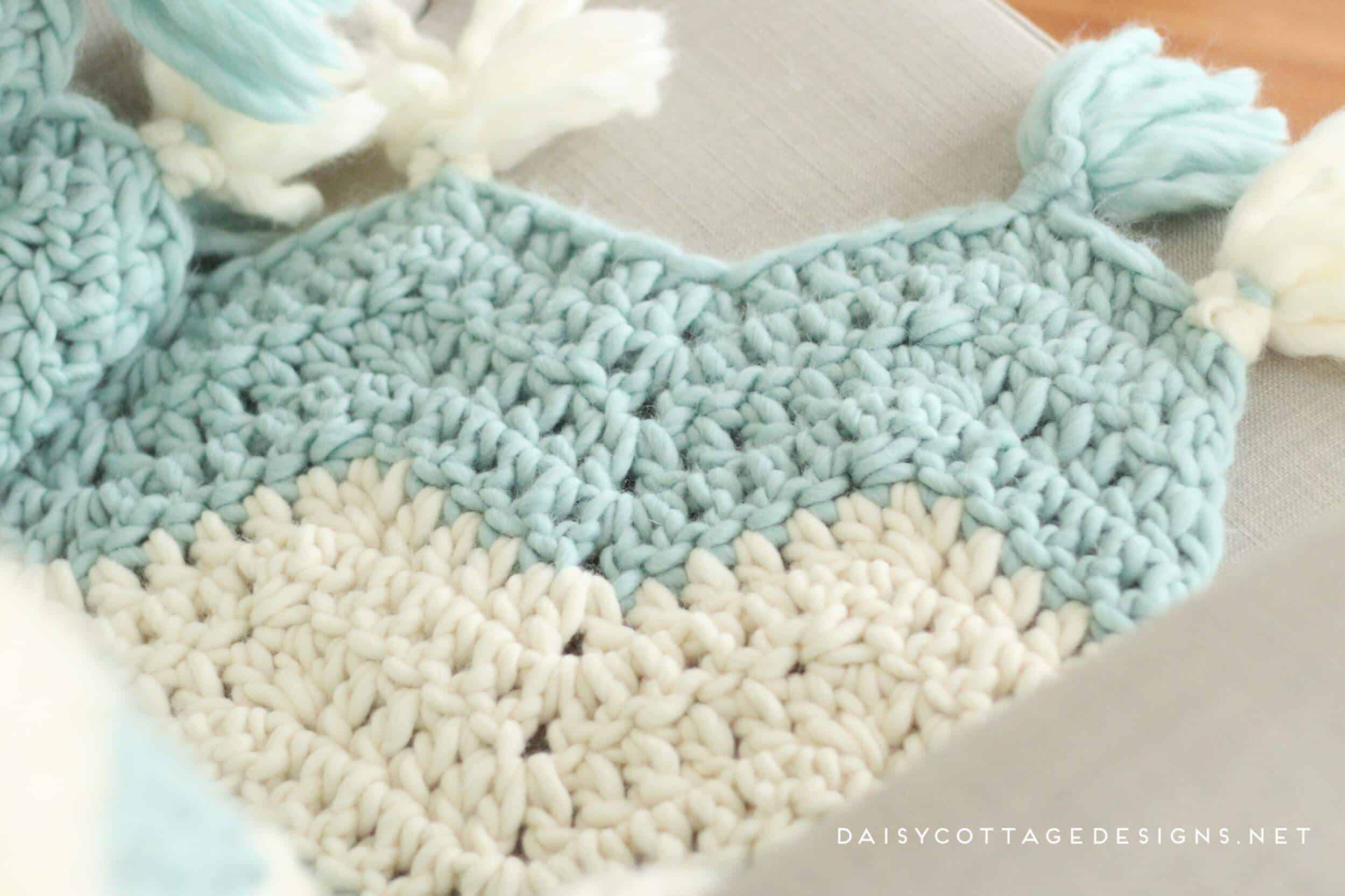 Chunky Chevron Crochet Blanket with Tassels. Beautiful and easy to make. Get a discount on this beautiful Yarn, too! | chunky chevron blanket, quick crochet blanket, bulky yarn patterns, Daisy Cottage Designs