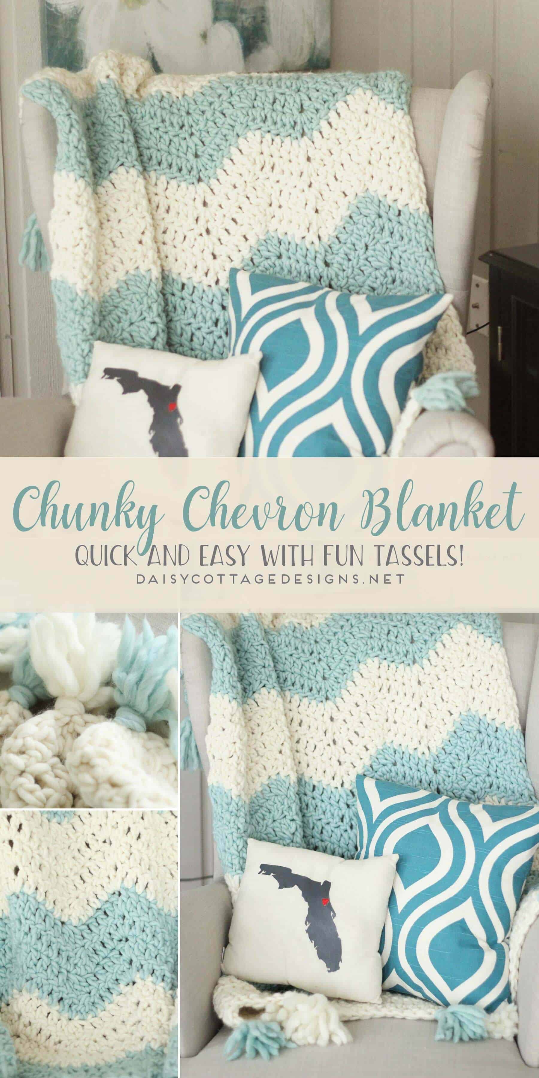 Chunky Chevron Crochet Blanket with Tassels. Beautiful and easy to make. Get a discount on this beautiful Yarn, too! | chunky chevron blanket, quick crochet blanket, bulky yarn patterns, Daisy Cottage Designs