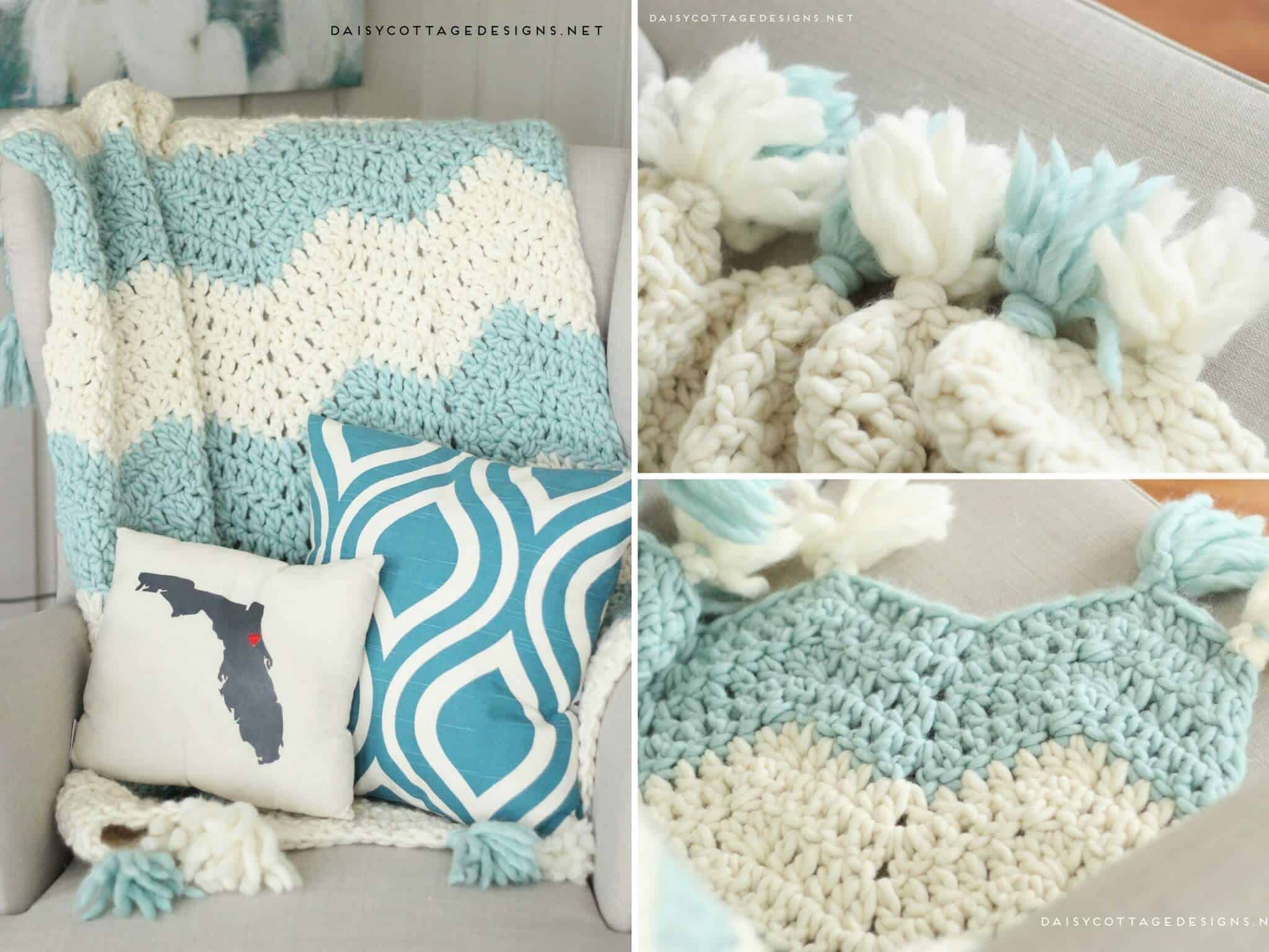 Chunky Chevron Crochet Blanket with Tassels. Beautiful and easy to make. Get a discount on this beautiful Yarn, too! | chunky chevron blanket, quick crochet blanket, bulky yarn patterns, Daisy Cottage Designs