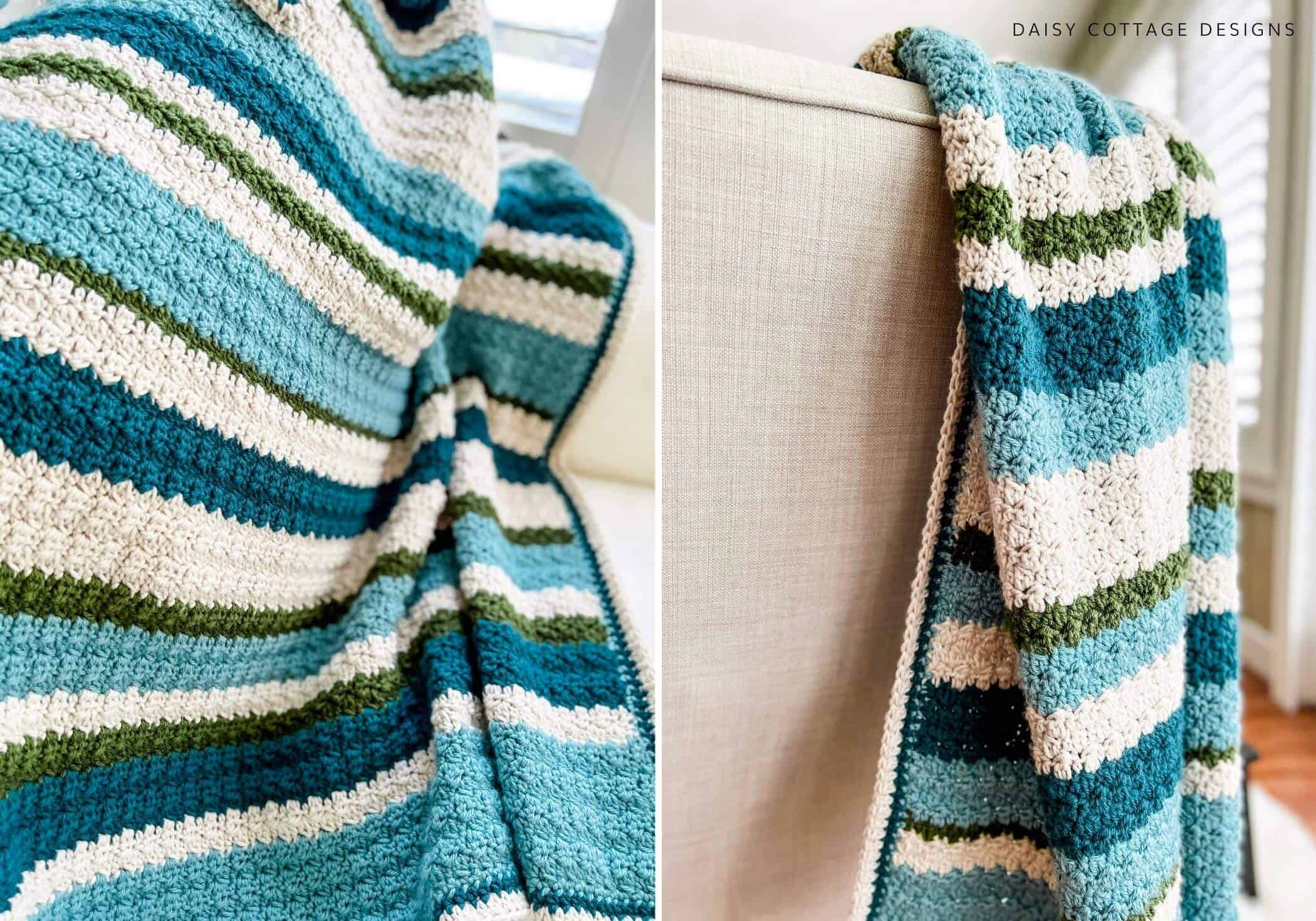 Green and blue striped crochet blanket pattern