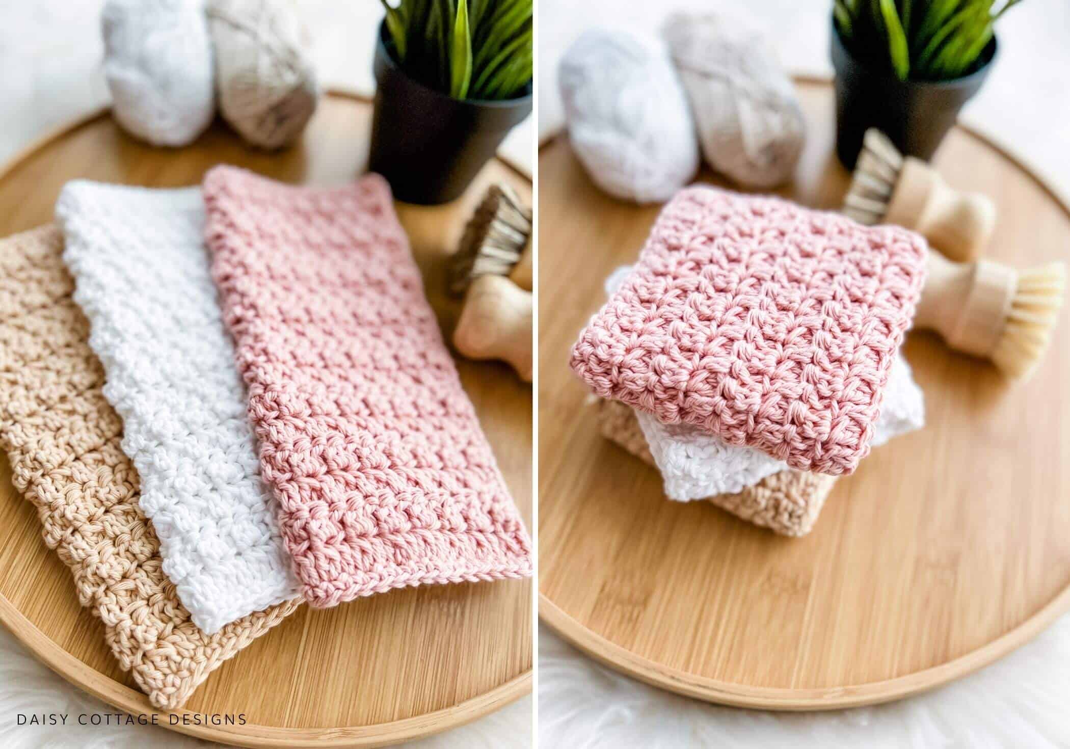 Textured Dishcloth Crochet Pattern Pink, White, Tan