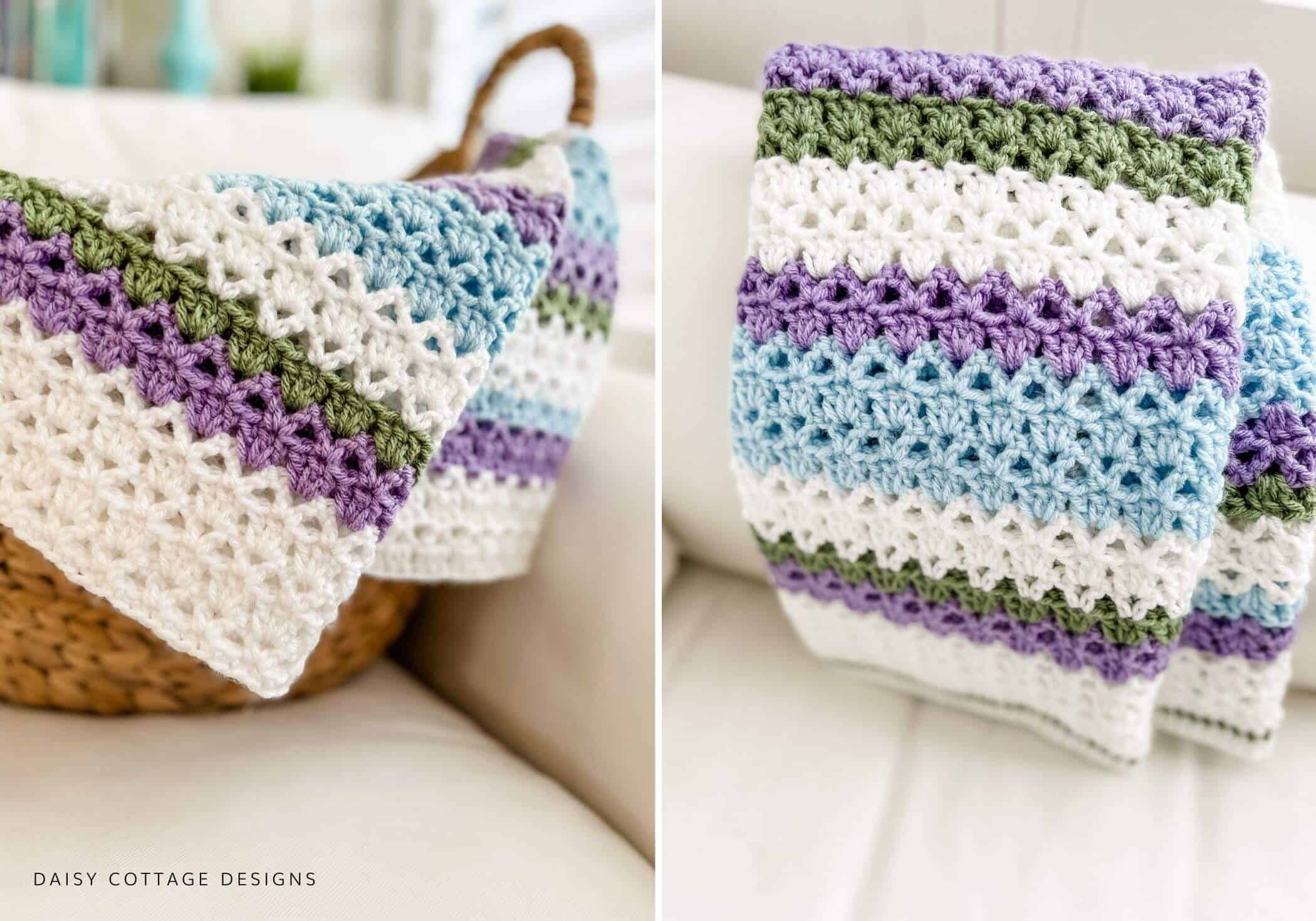 Purple, green, and blue modern crochet baby blanket. 