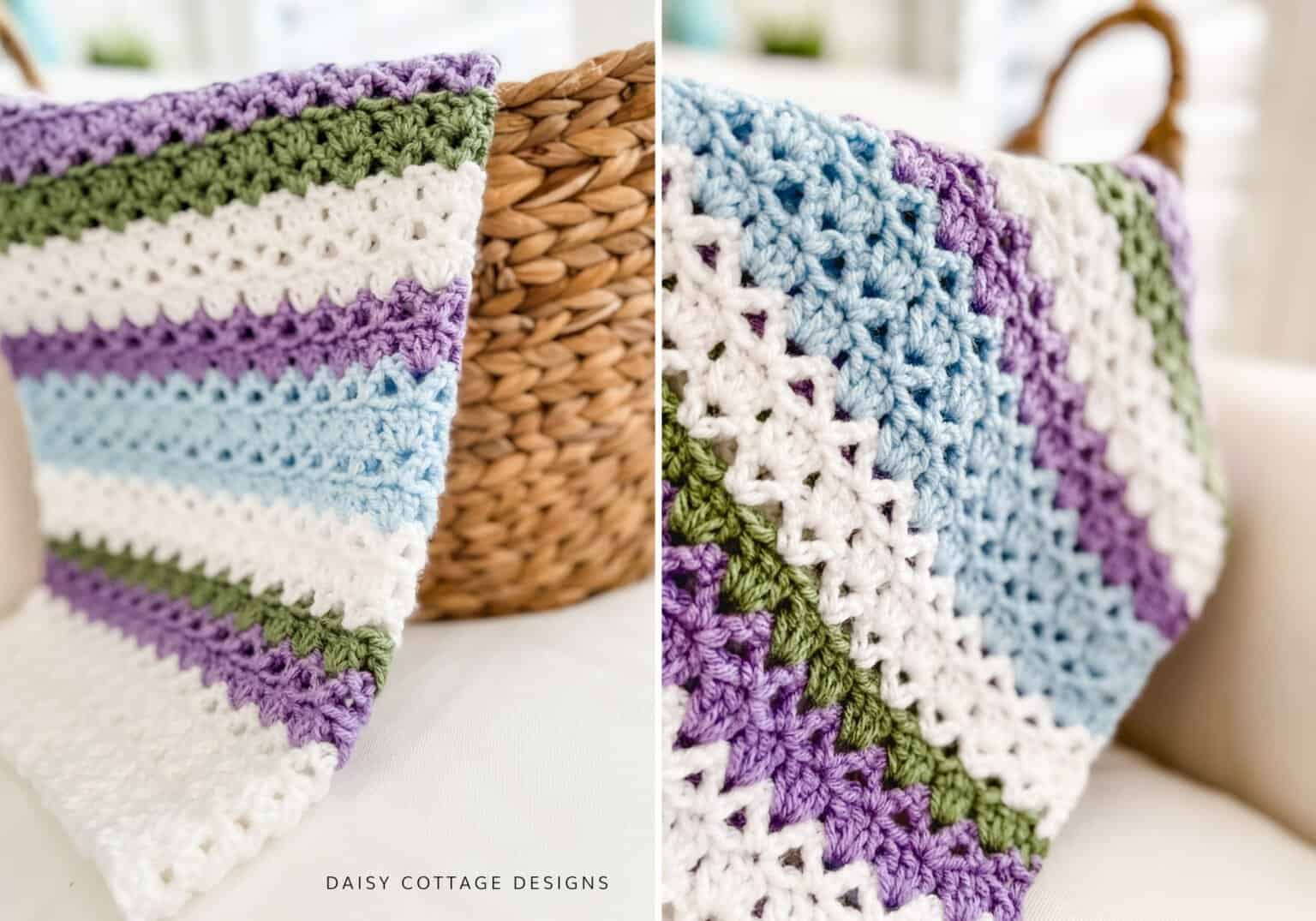 Hydrangea-colored modern crochet baby blanket with v-stitch and cluster texture laid flat