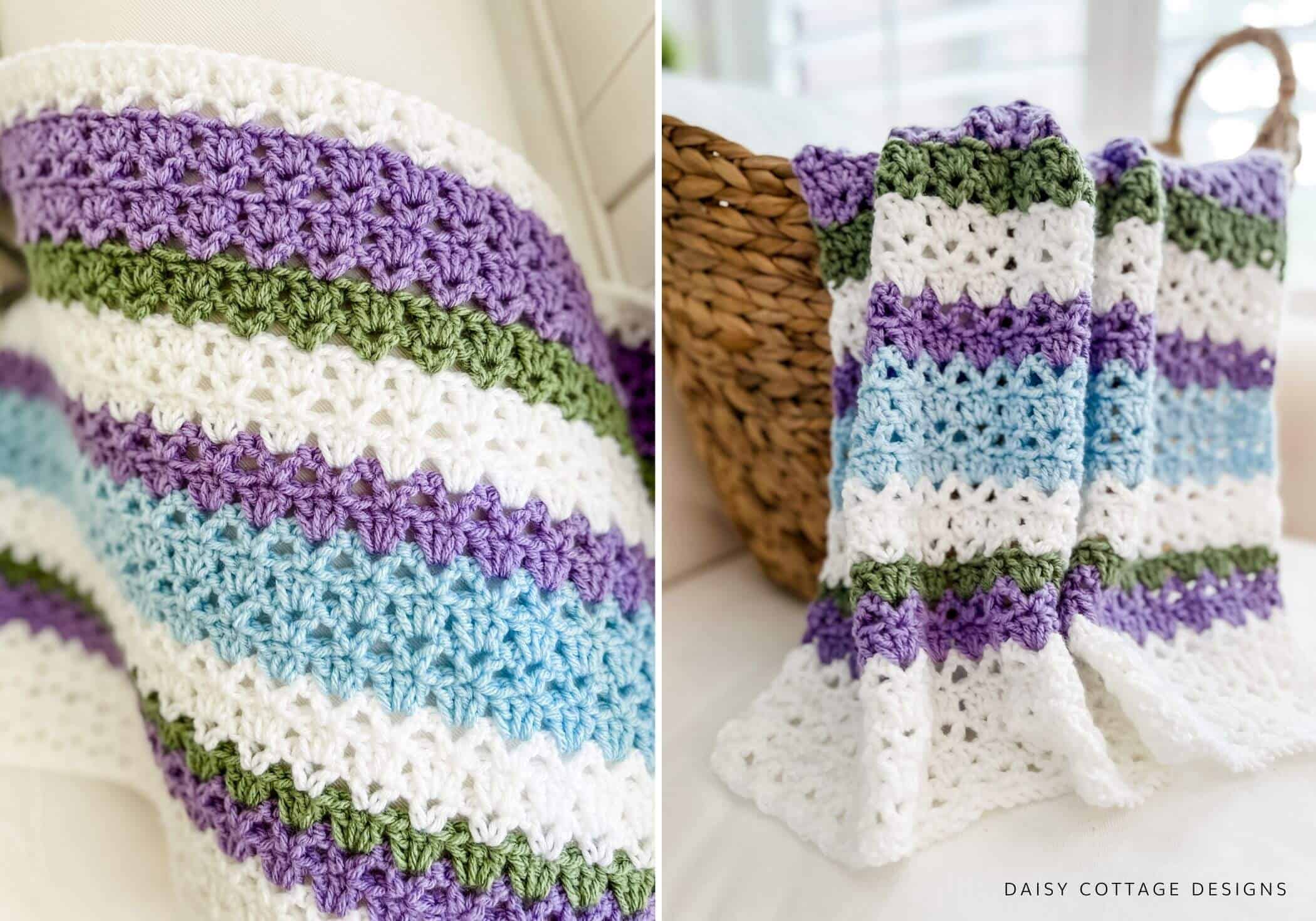 Modern Crochet Baby Blanket in purple, green, and blue. 