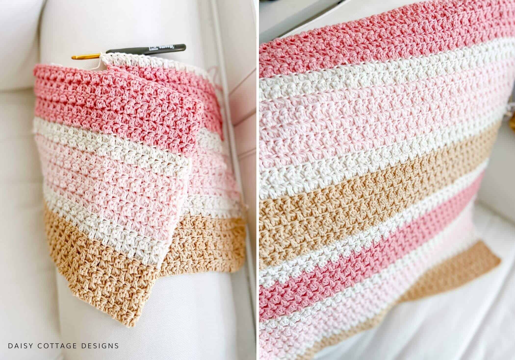 Pink, cream, and tan baby girl crochet blanket pattern