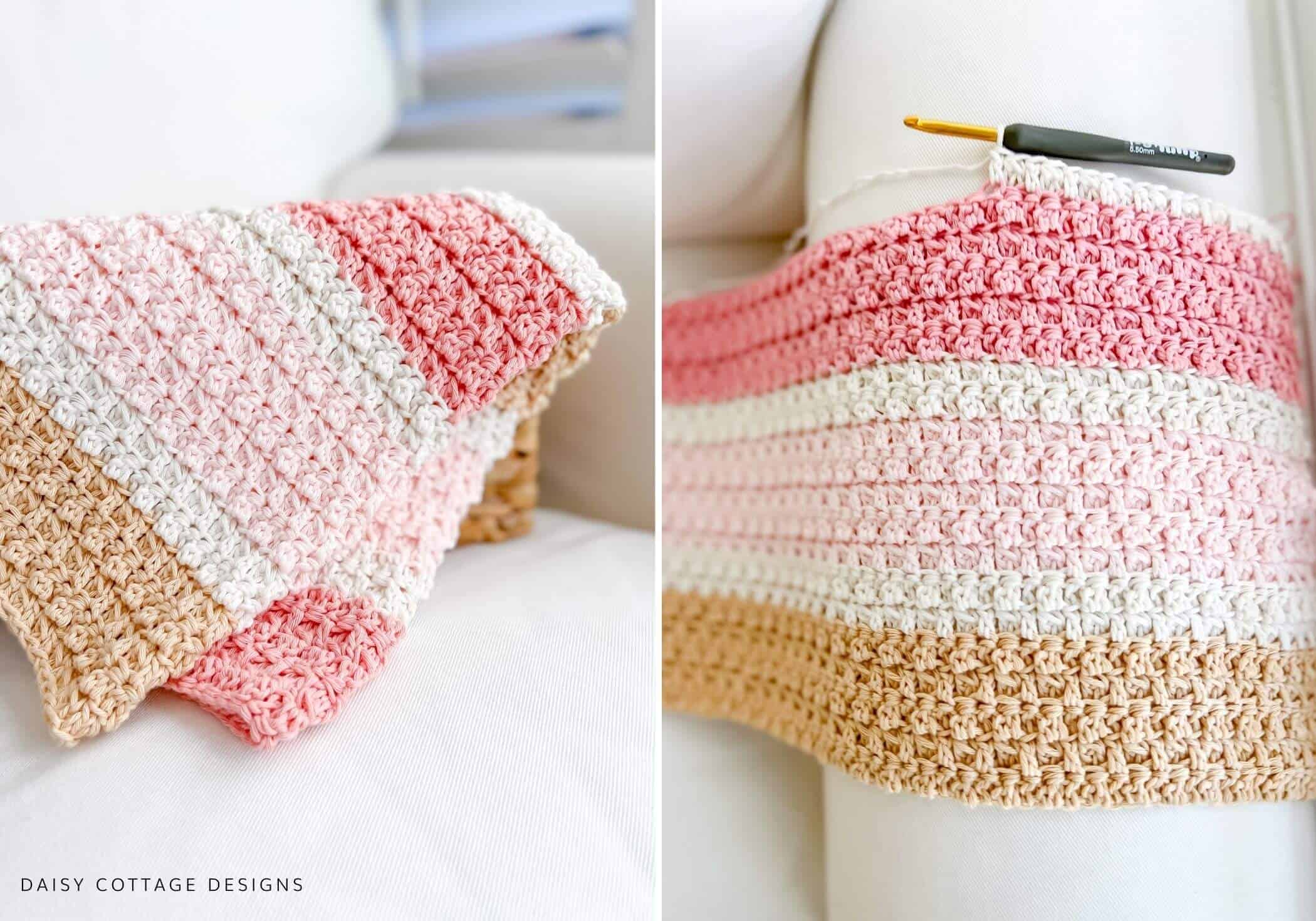 Pink, tan, cream baby girl blanket crochet pattern. 