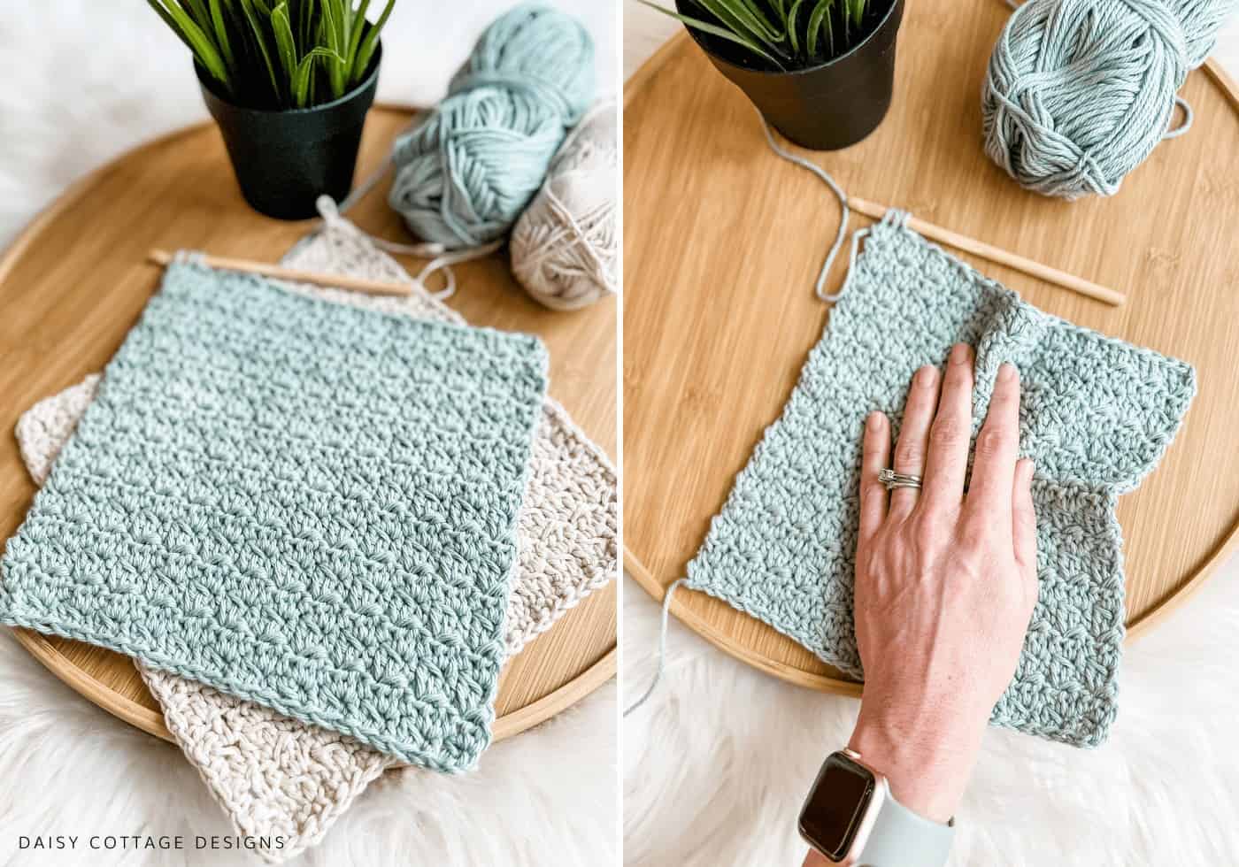 Teal and Linen dishcloth draped over a wooden tray. 