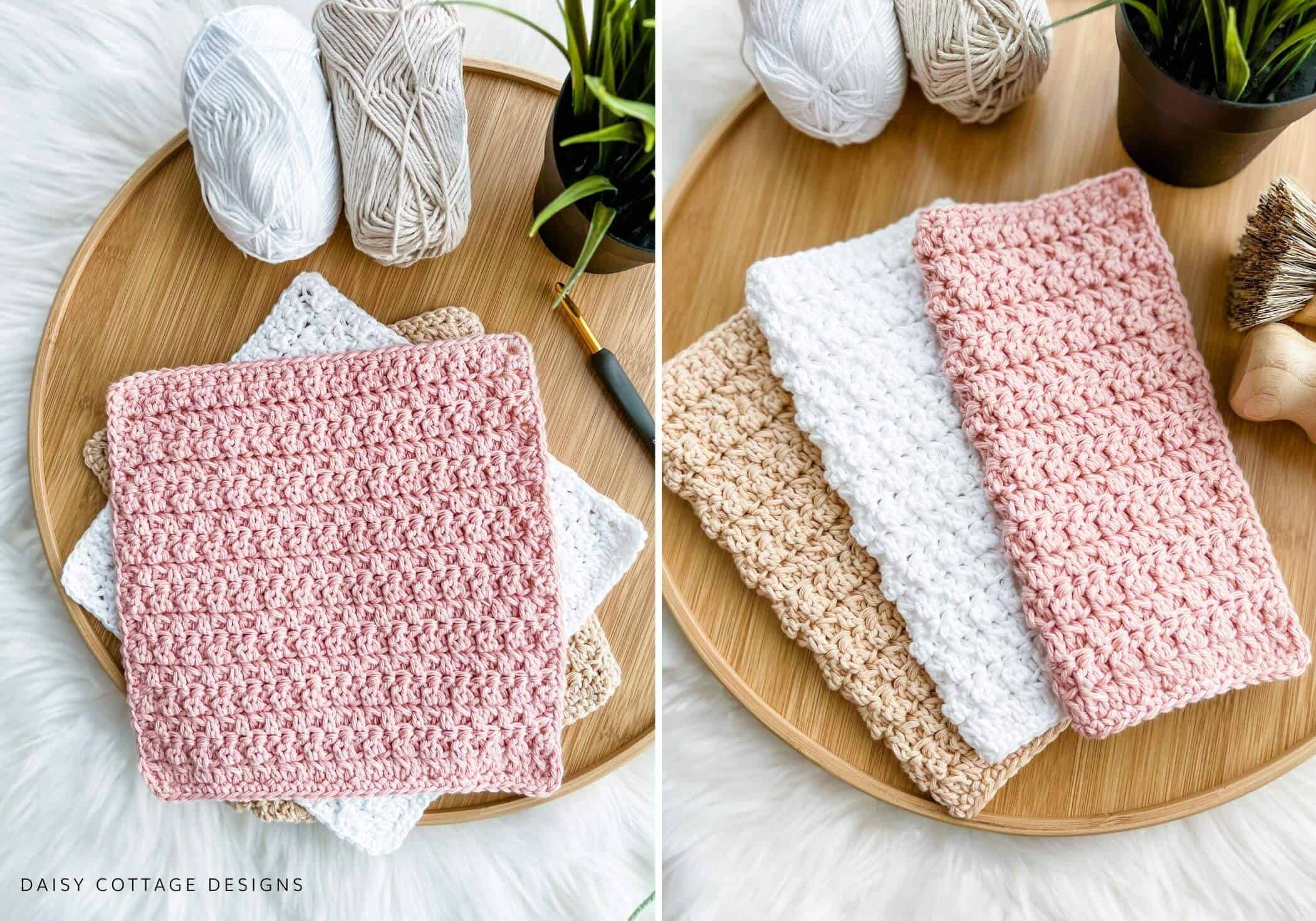 Textured dishcloths in pink, white, and tan