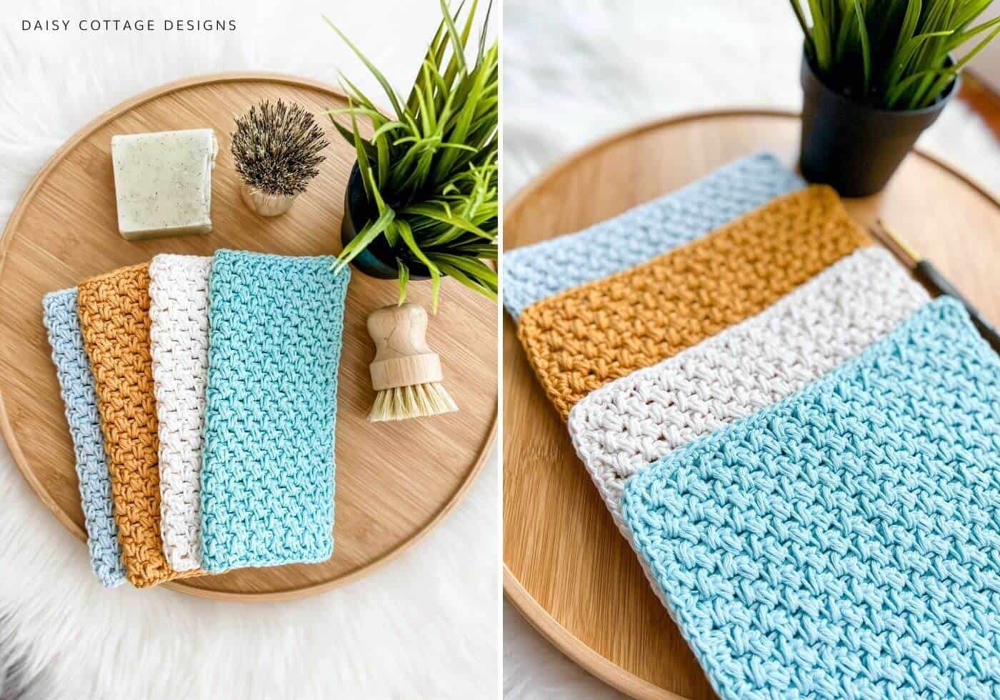 Crochet Washcloths on a bamboo tray