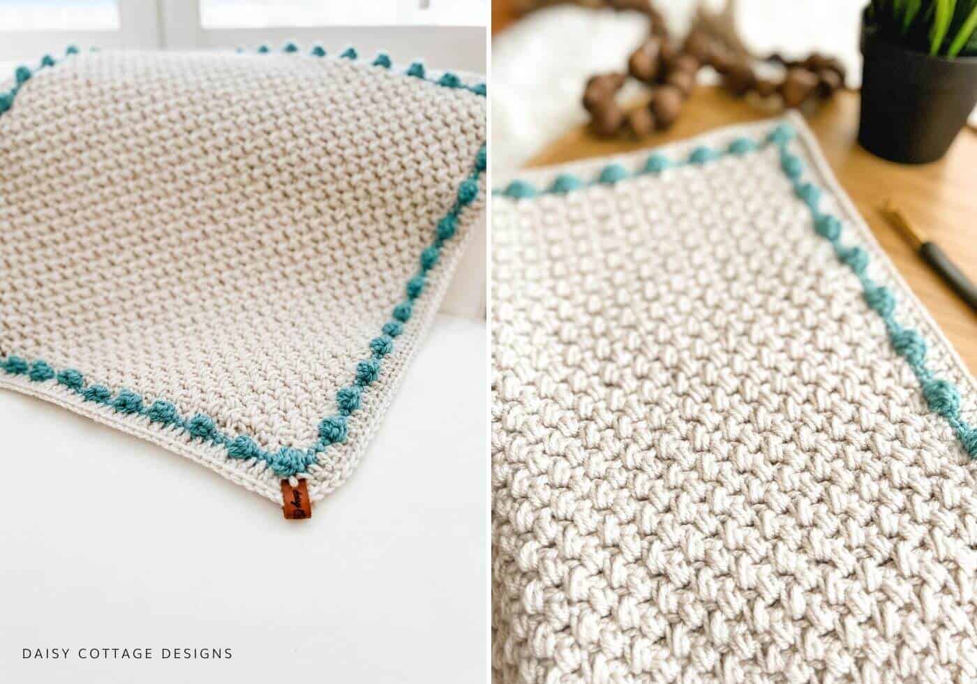 Modified Mini Bean Stitch crochet blanket with leather tag