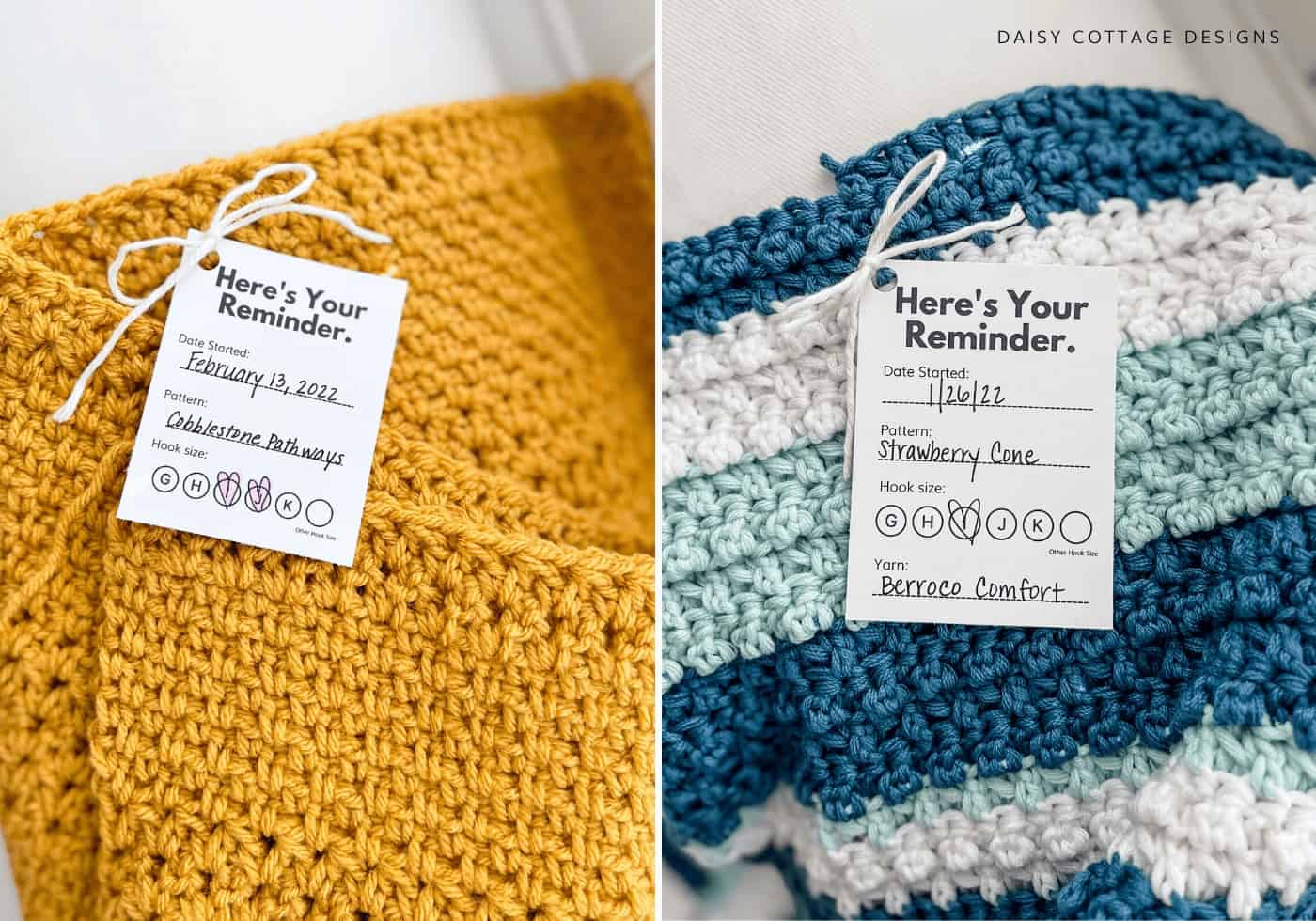 Printable WIP Tracker card tied to a Moss Stitch/Bean Stitch Crochet Dishcloth