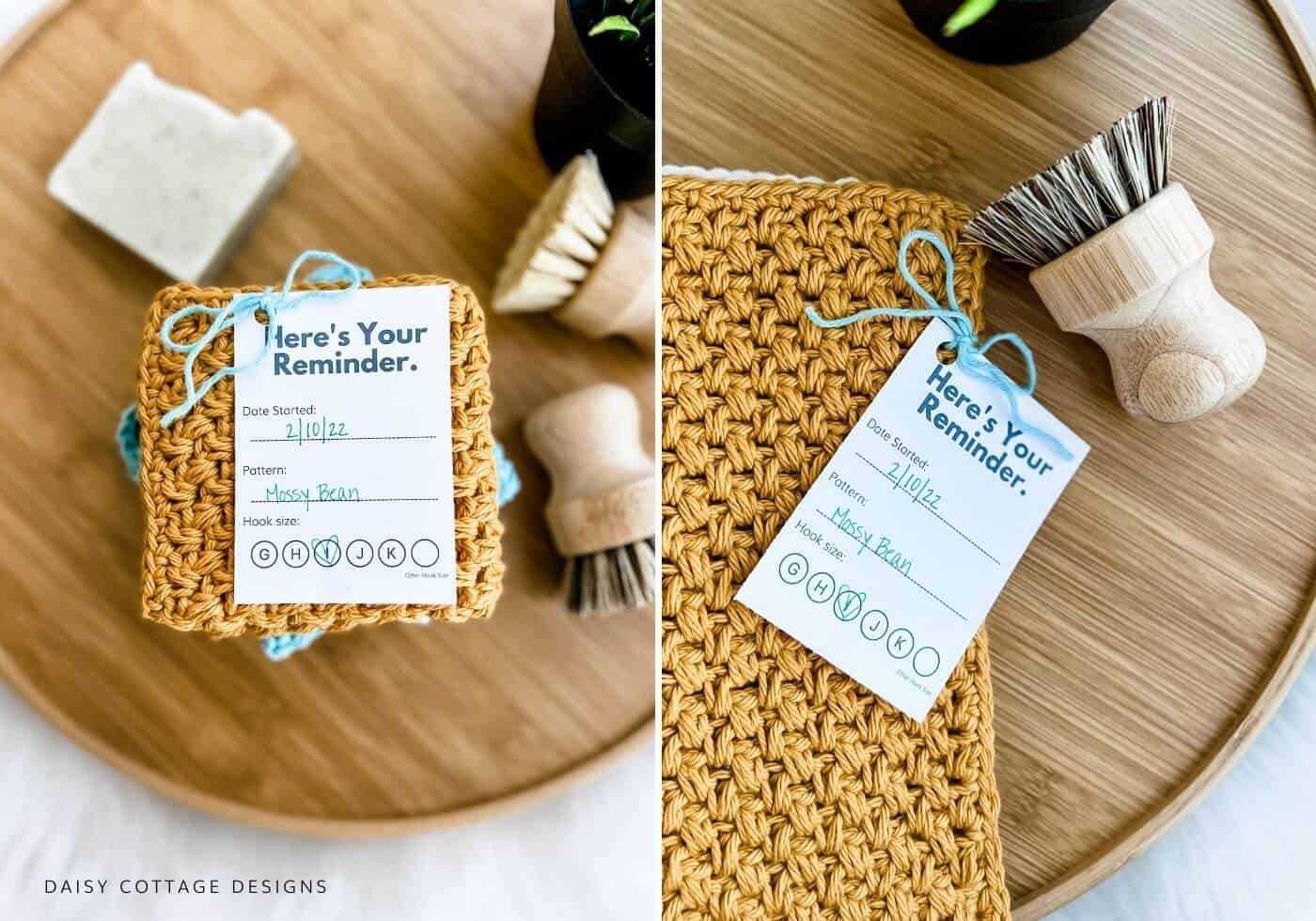 Printable WIP Tracker card tied to a Moss Stitch/Bean Stitch Crochet Dishcloth