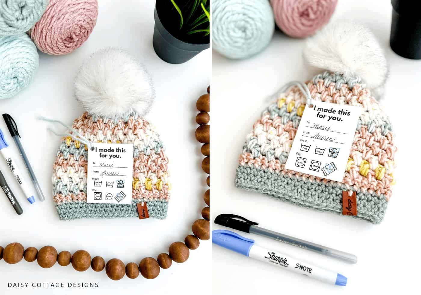 Crochet Gift tag printable on crochet Pom Pom beanie
