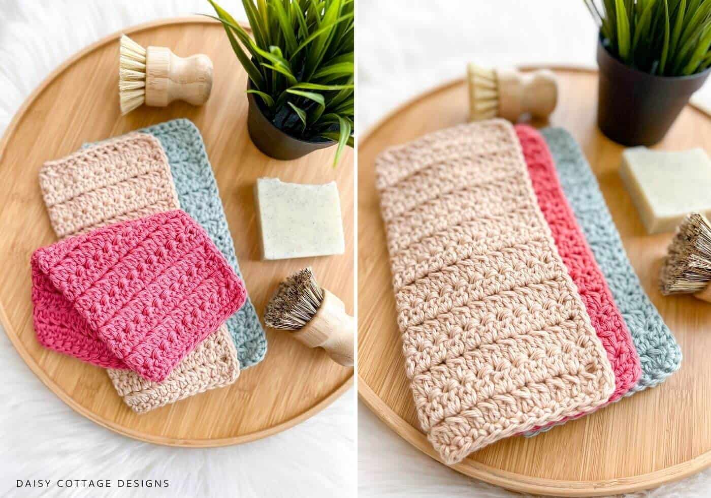 Crochet Dishcloths folded on bamboo tray