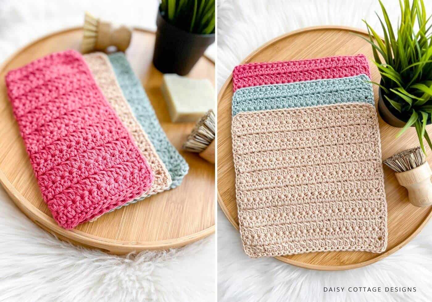 Free crochet dishcloth pattern with great texture folded on a bamboo tray