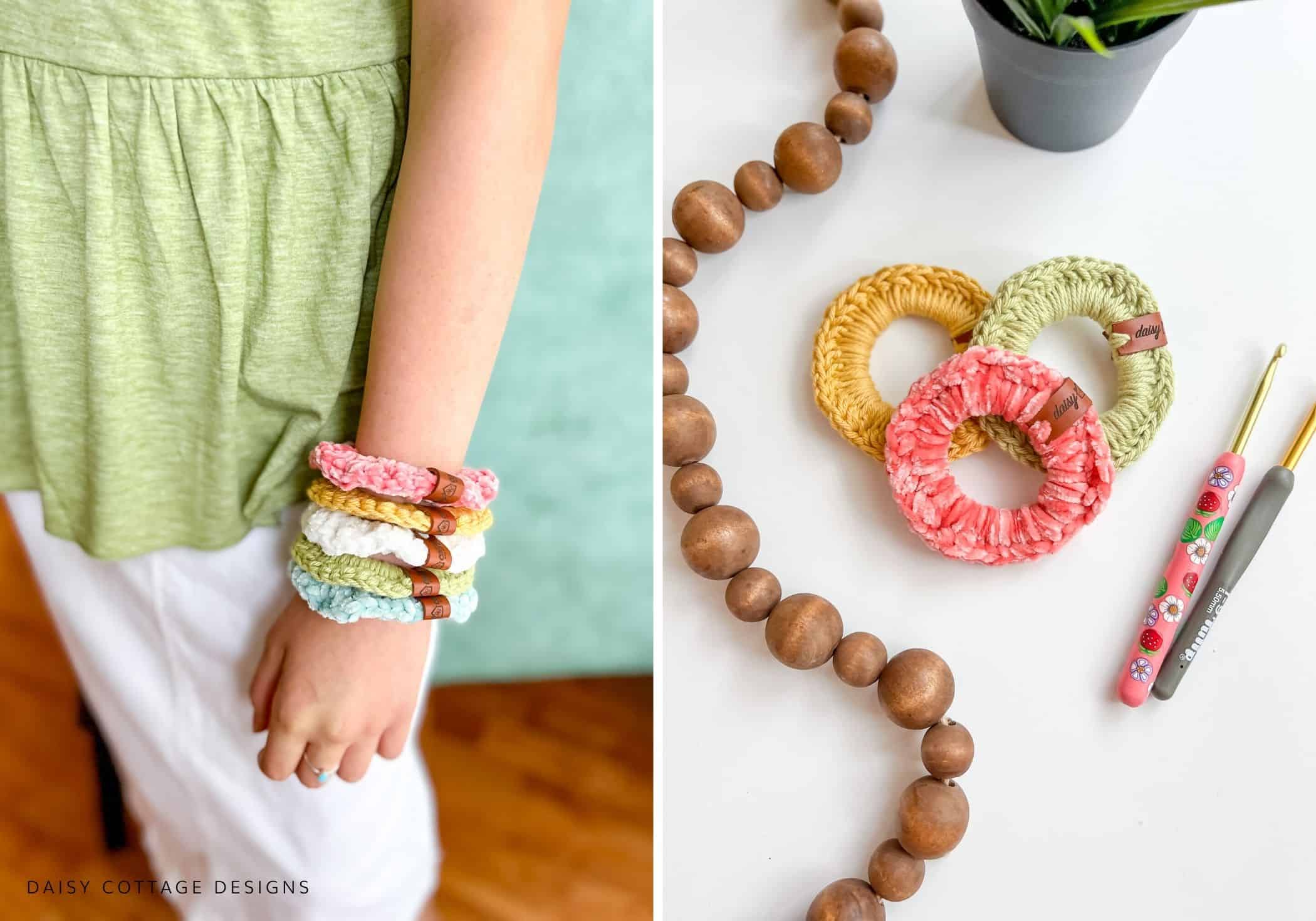 brightly colored  crochet scrunchies 