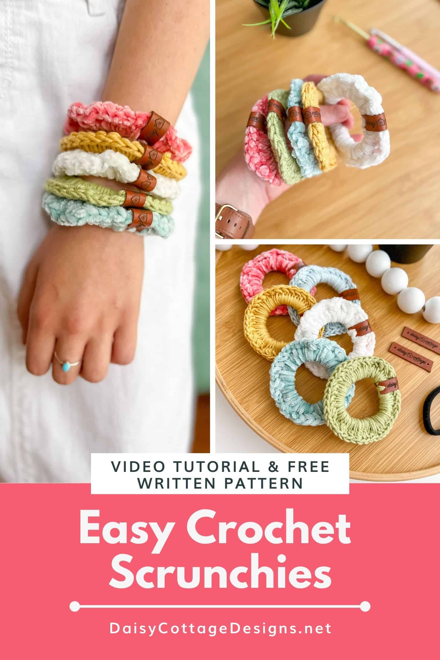 Crochet scrunchies are a fun way to dress up a ponytail or messy bun. Learn how to crochet your own scrunchies with this free crochet pattern - there's a video tutorial, too! 