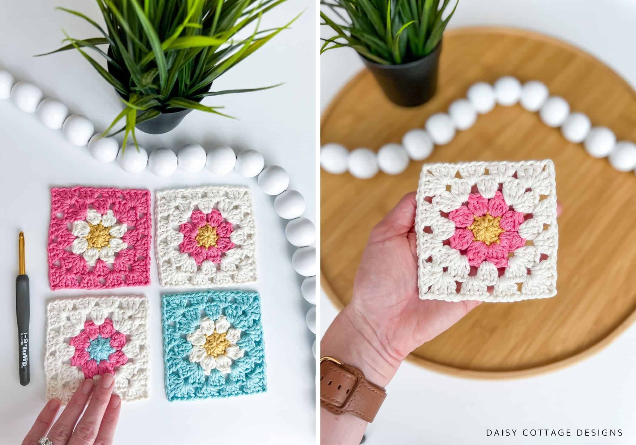 Crocheted squares with daisy