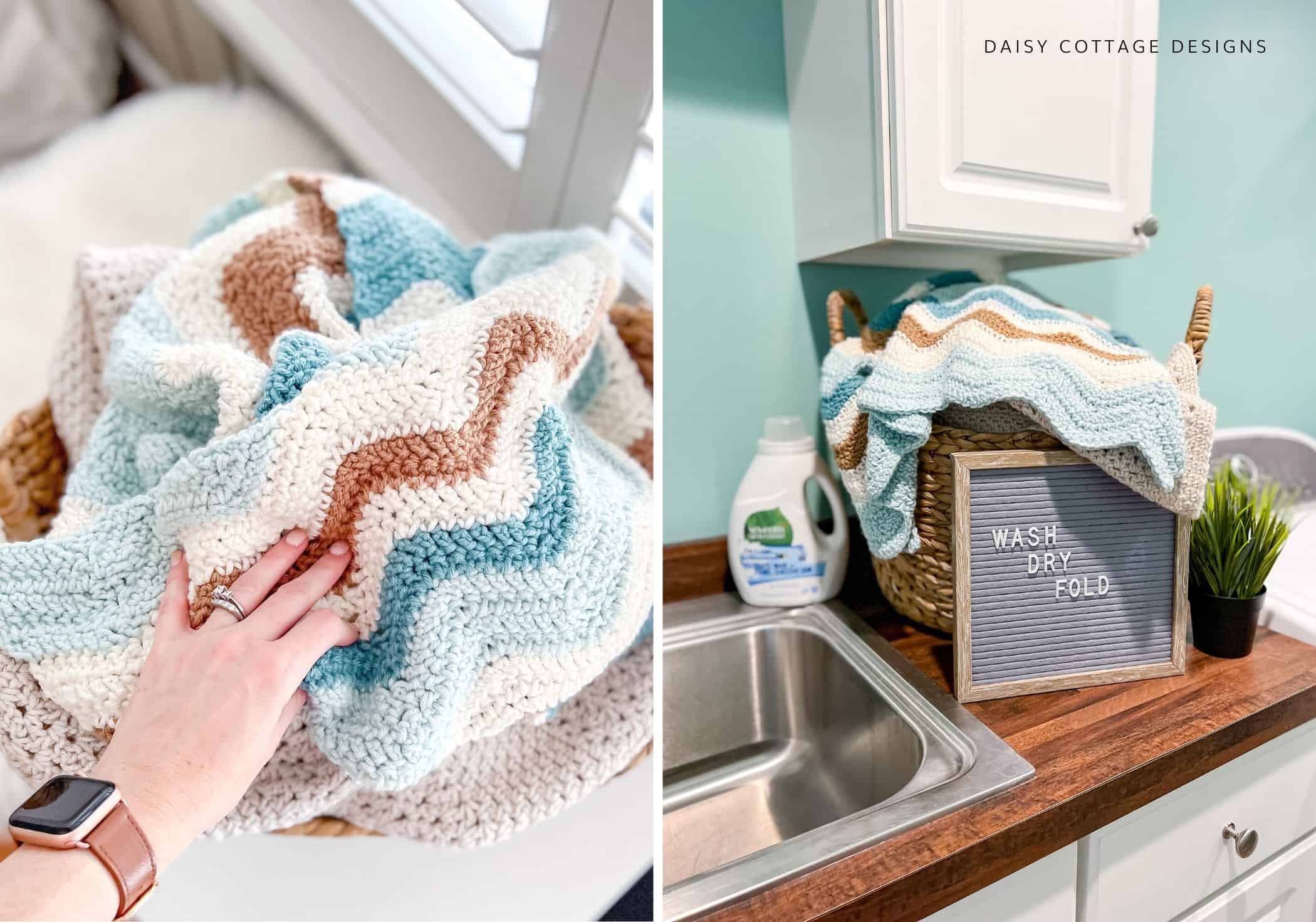 Crochet blanket in laundry room