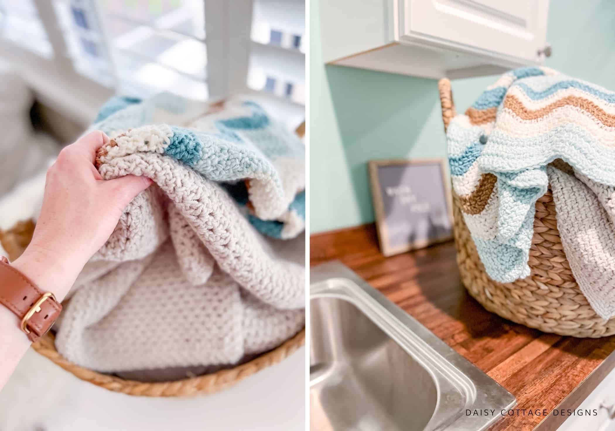 Crochet blanket in laundry room