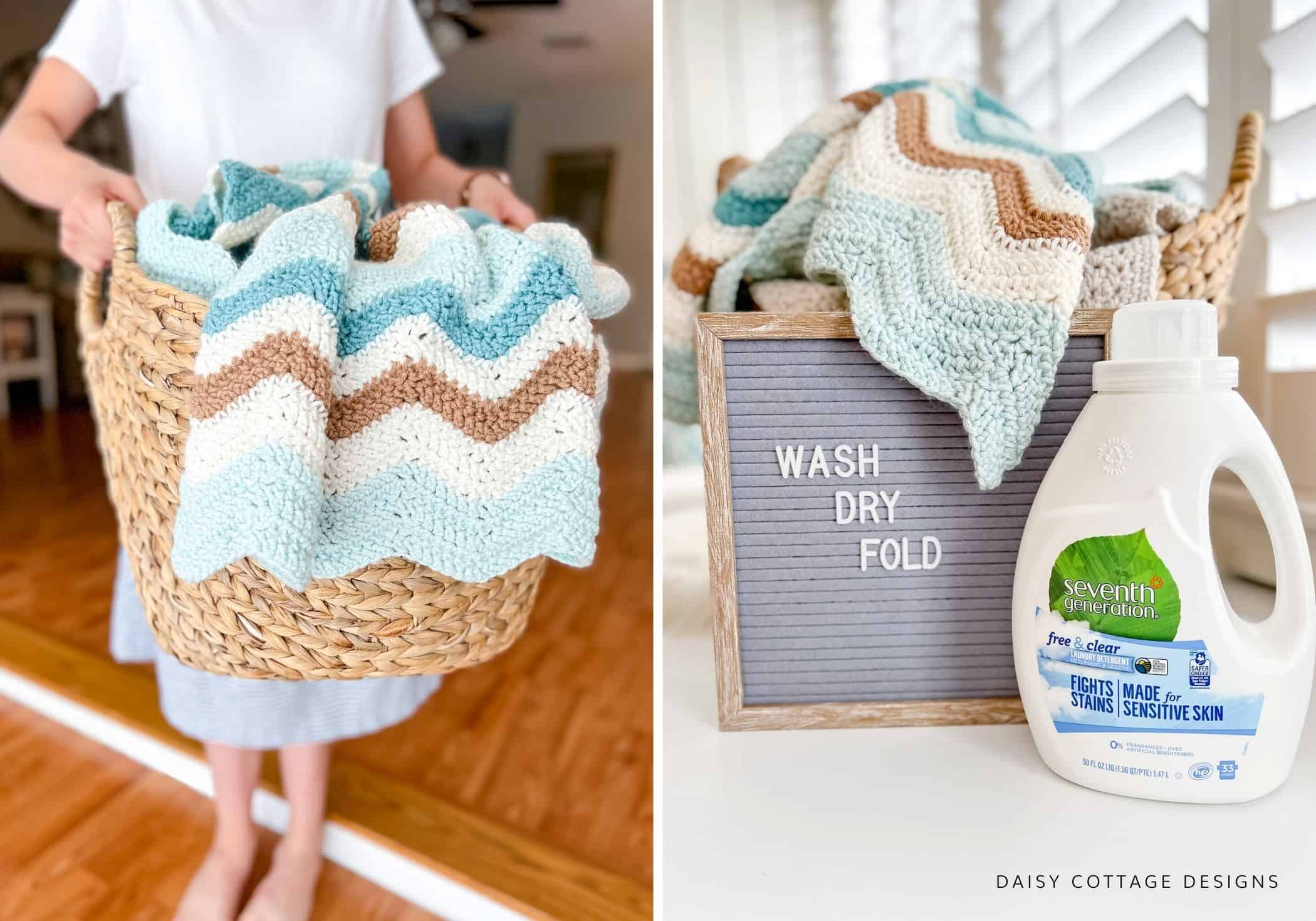 crochet blanket in a laundry basket