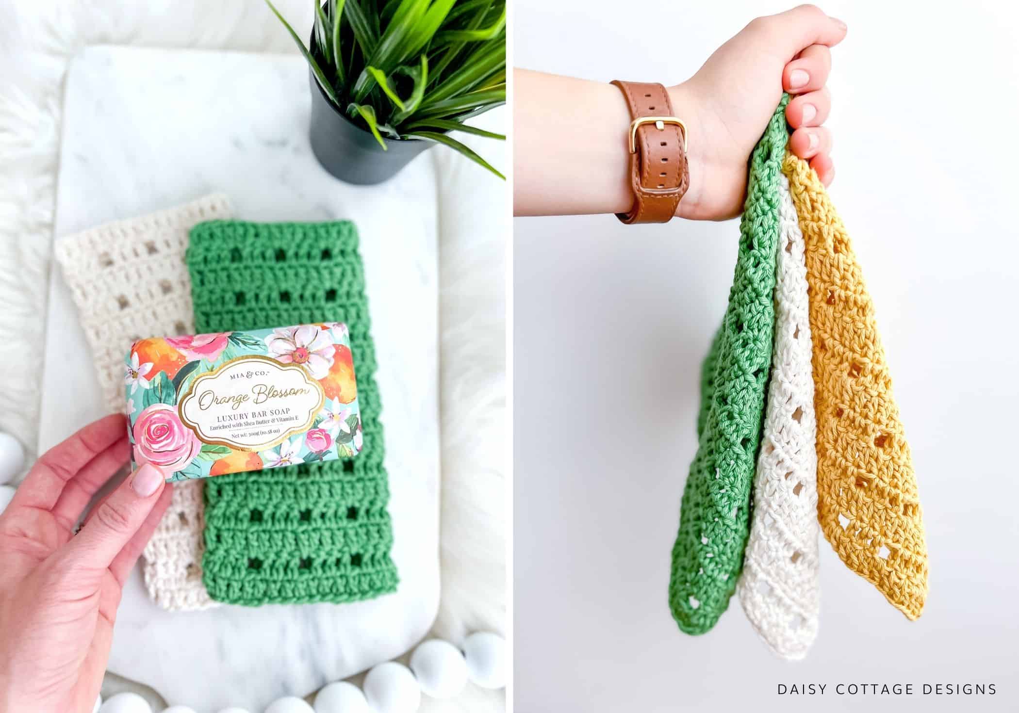 Hands holding crochet dishcloths