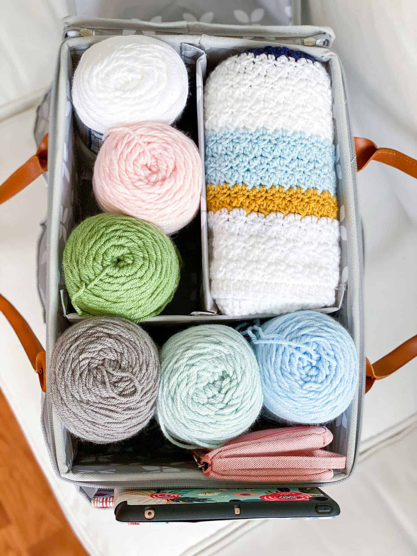 Crochet caddy with yarn and project