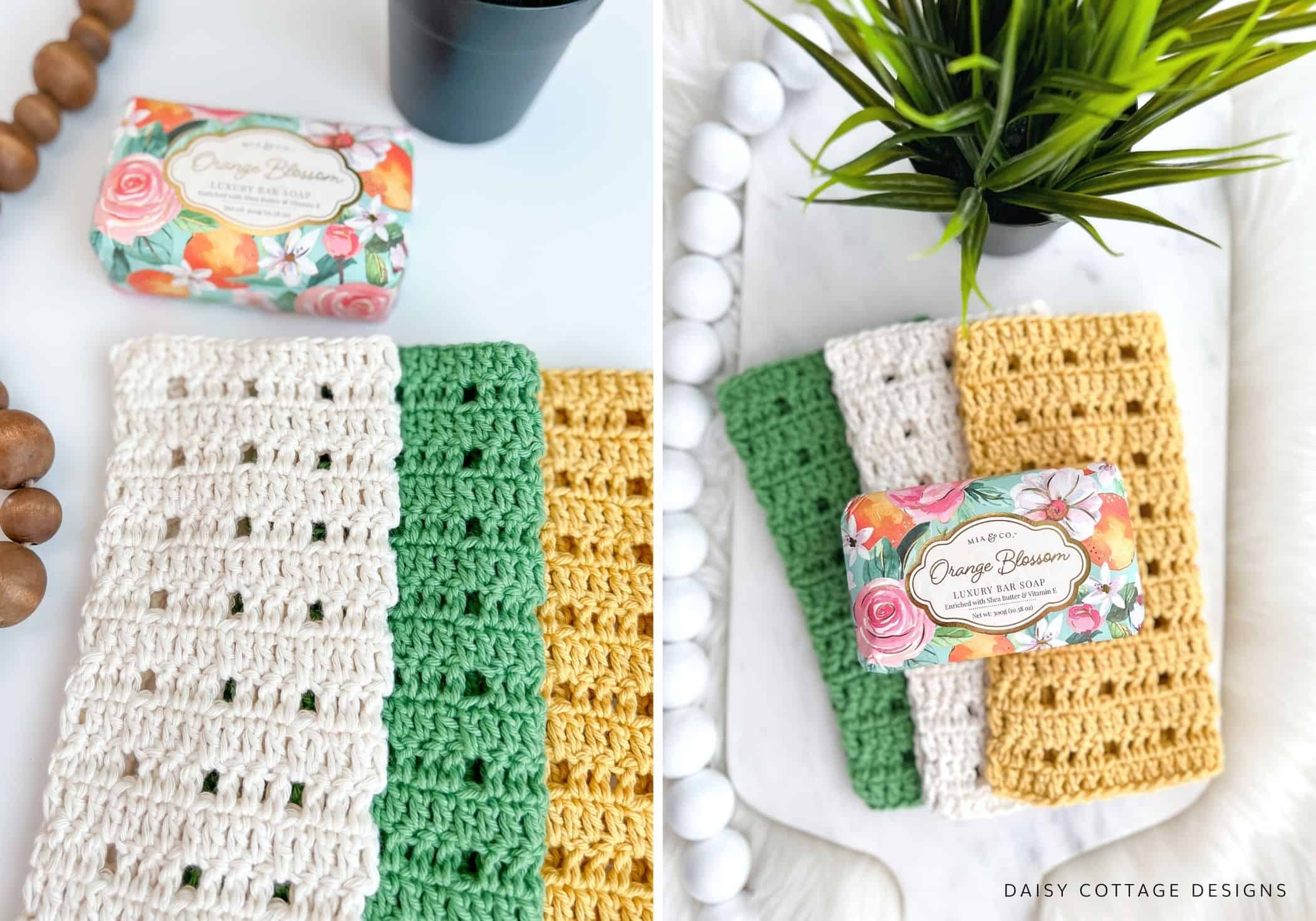 Crochet Dishcloths on a cutting board