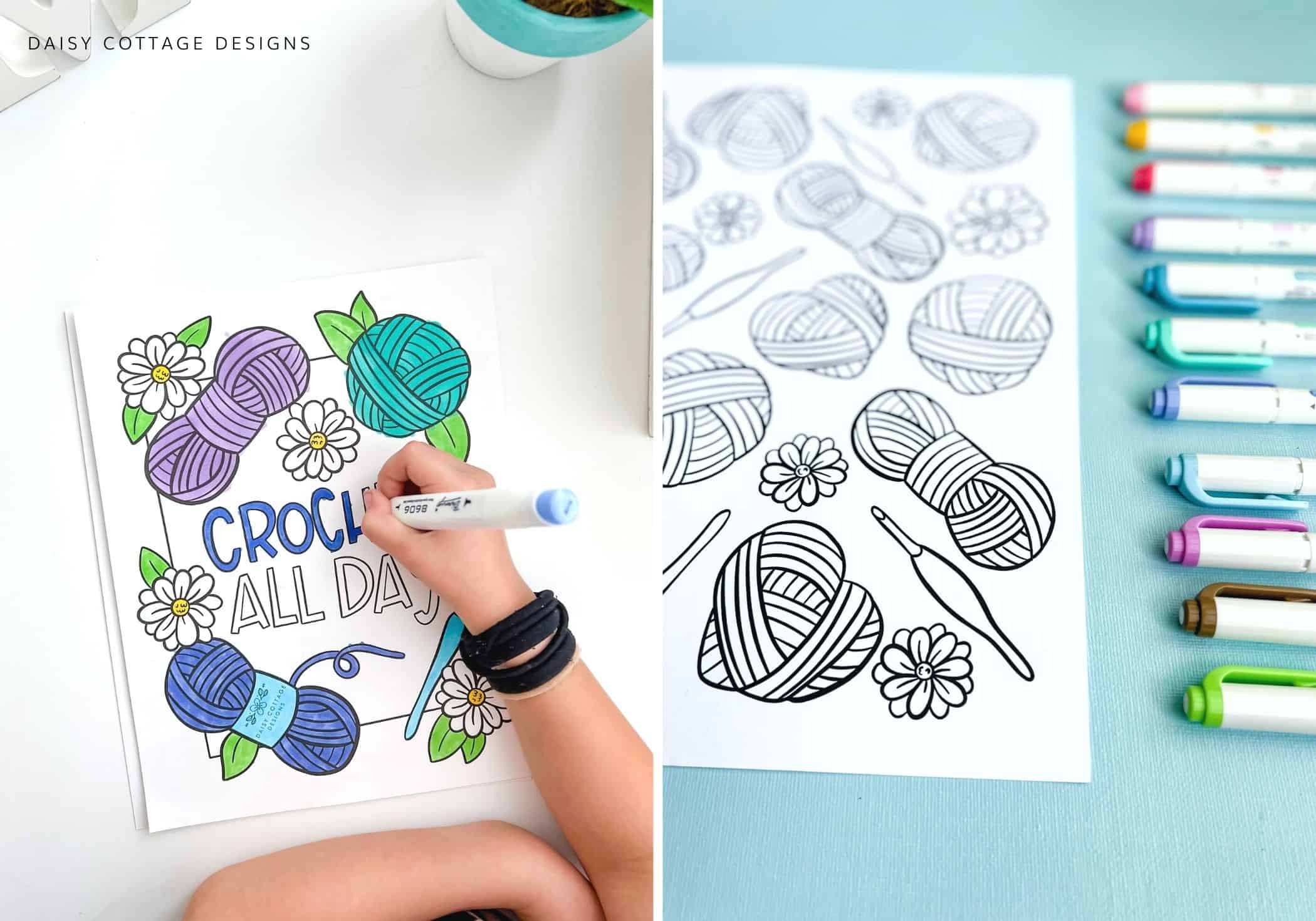 Child coloring a Crochet All Day Coloring Page
