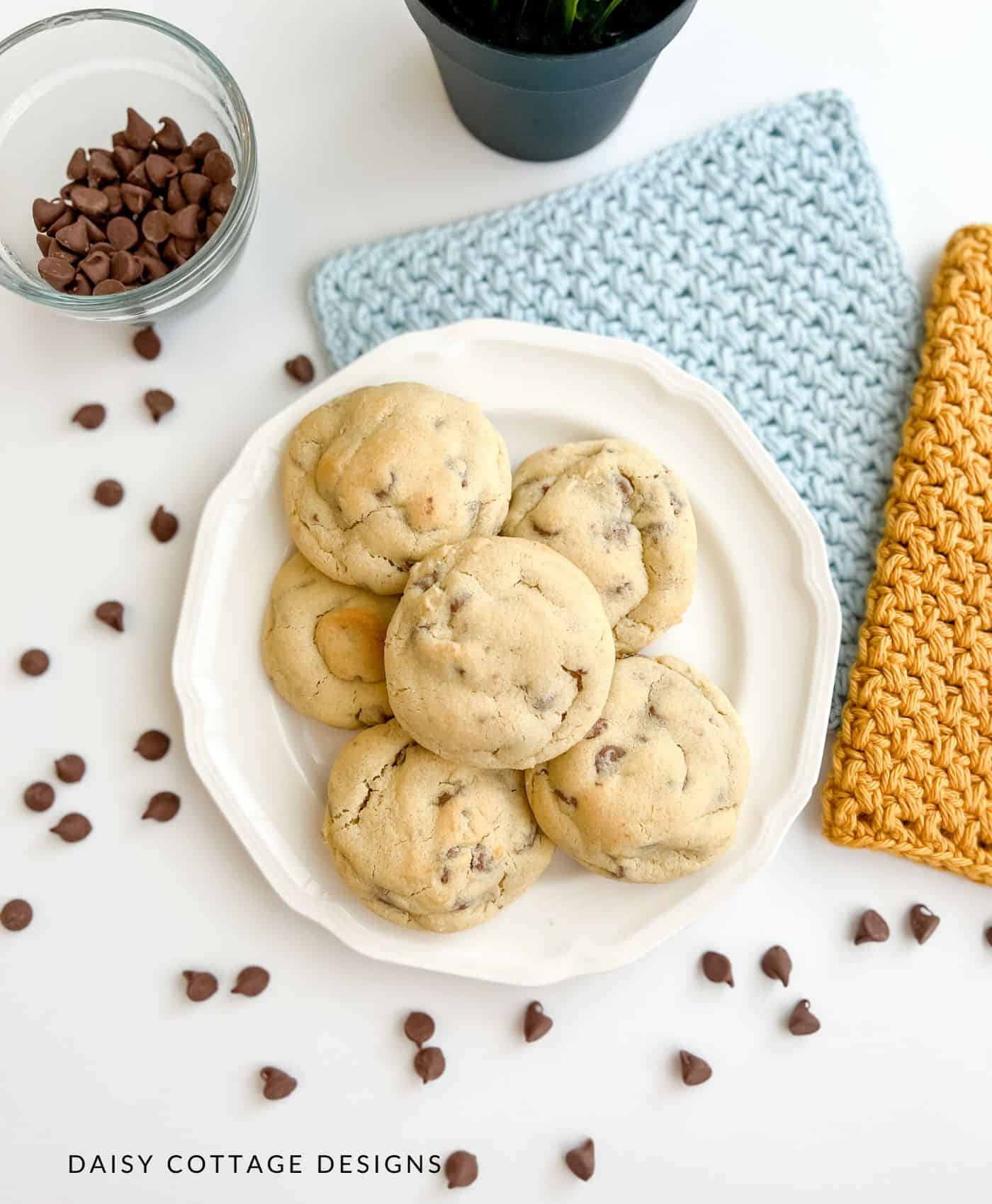 Chocolate chip cookies and crochet dishcloths