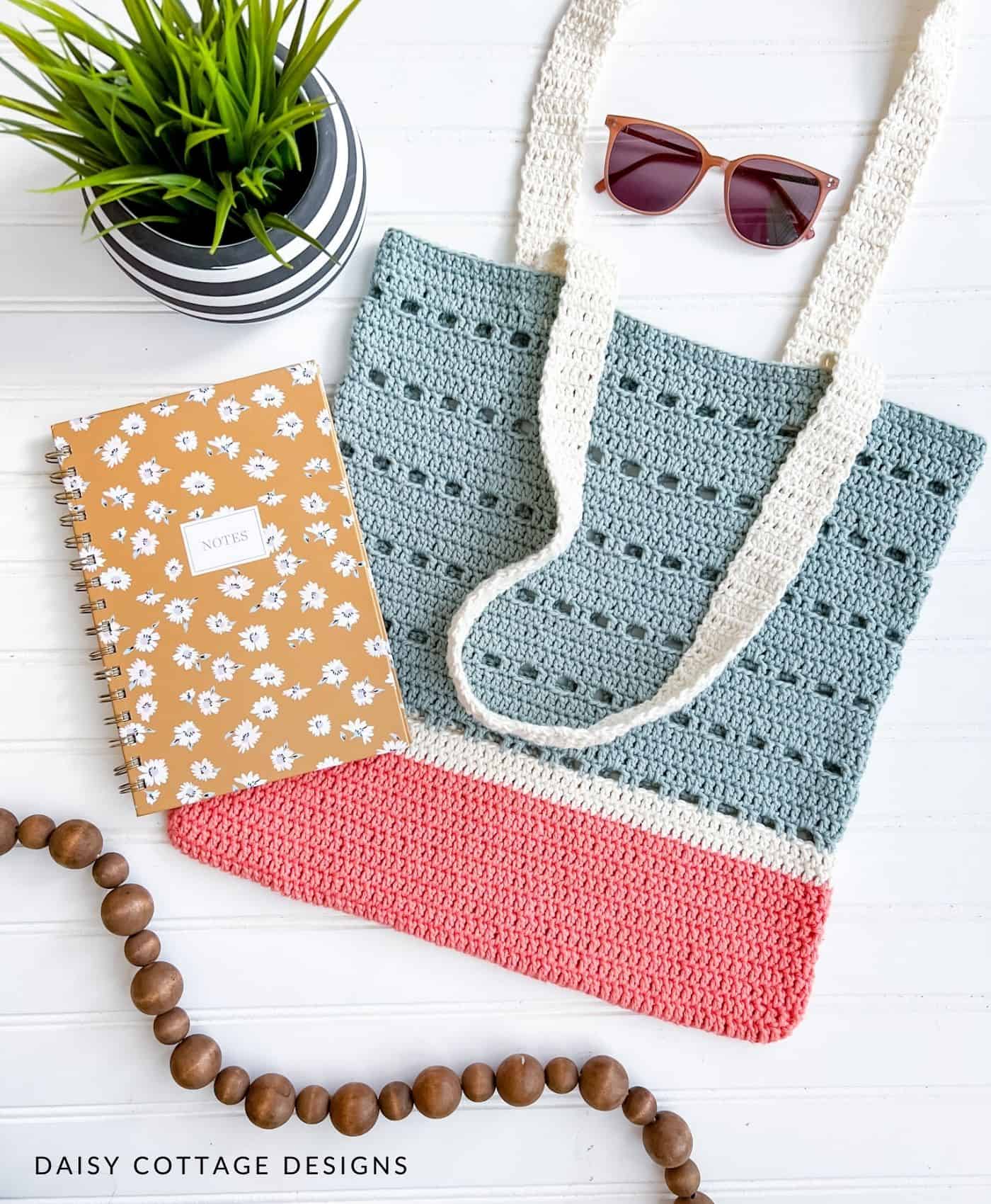 Crochet Tote Bag with sunglasses and notebook