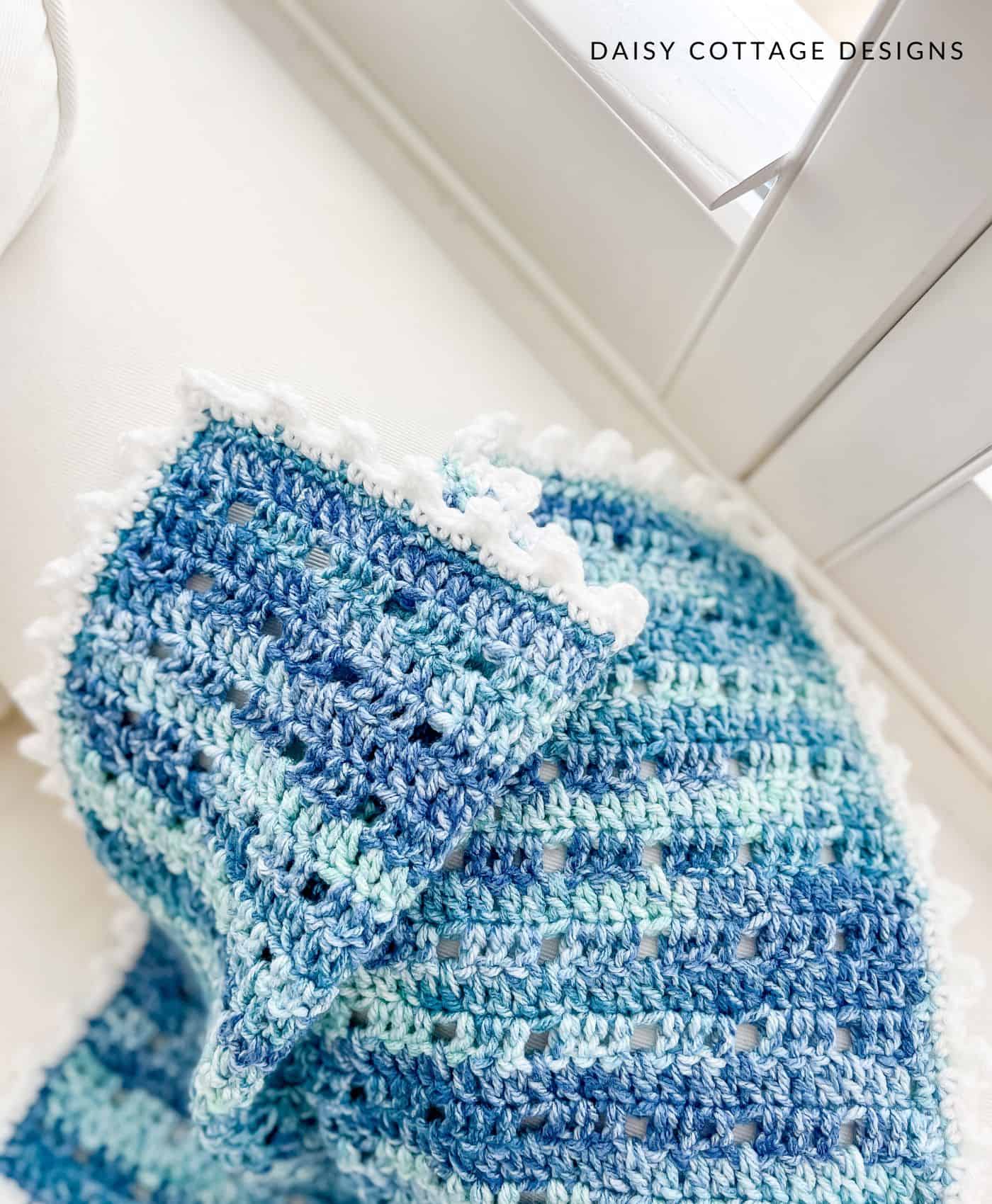 Closeup of teal double crochet blanket