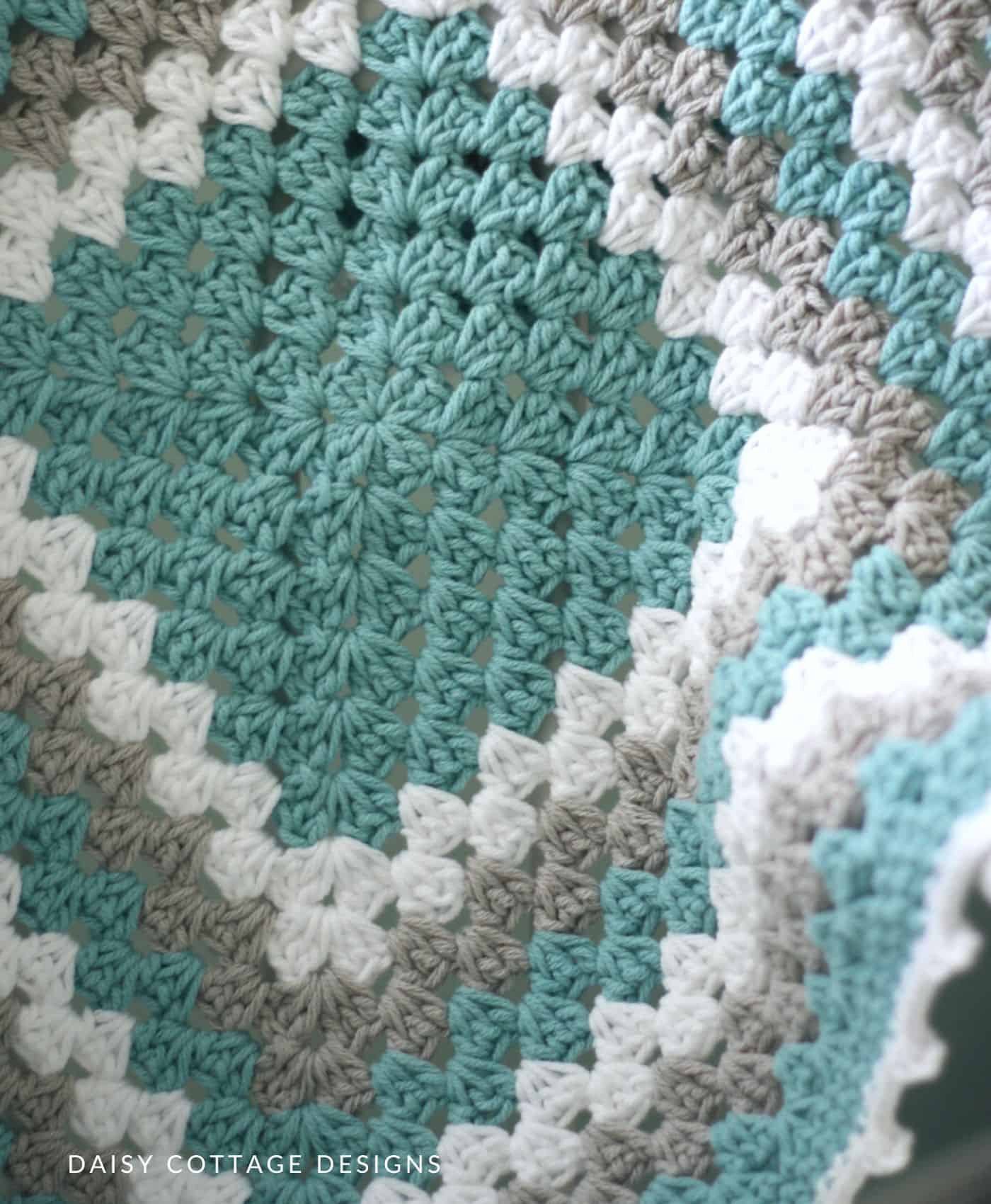 Easy granny square blanket in teal and white