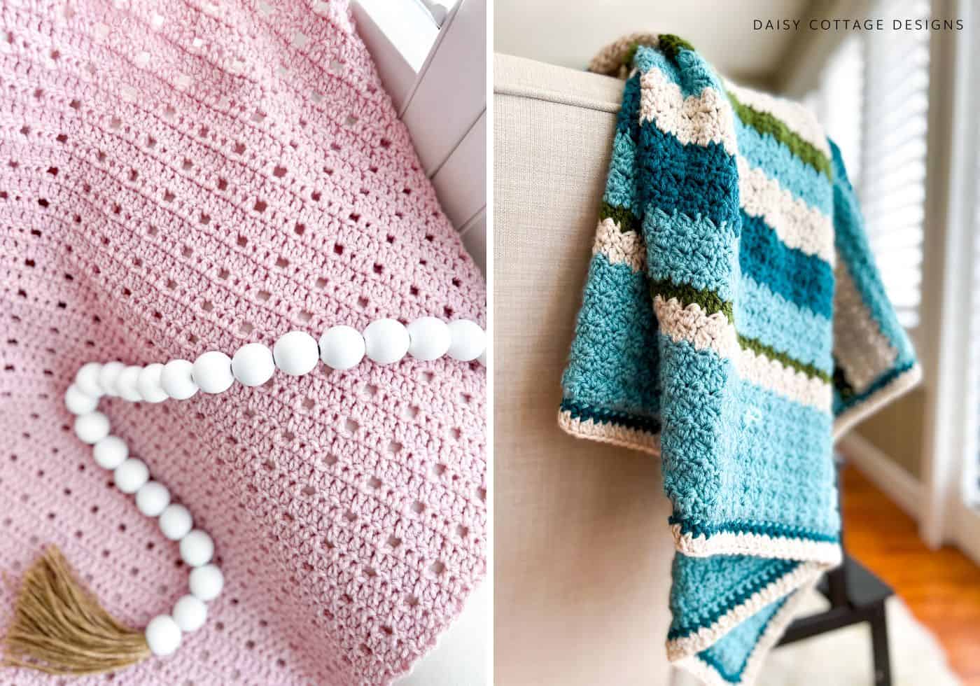 Pink crochet blanket, blue crochet blanket
