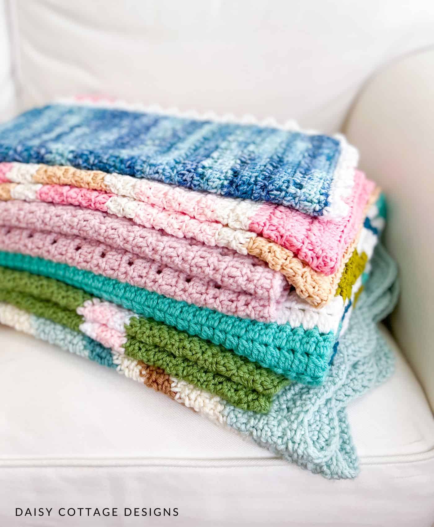 Crochet blankets on a couch