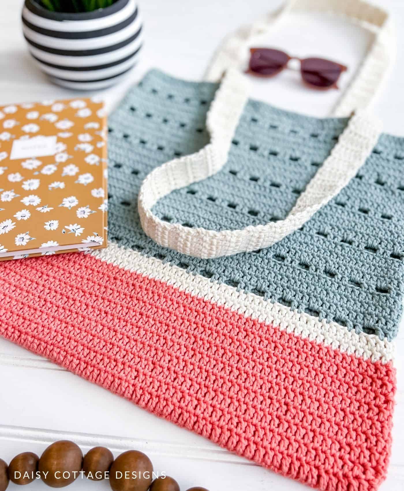 Closeup of Crochet Tote Bag and Notebook
